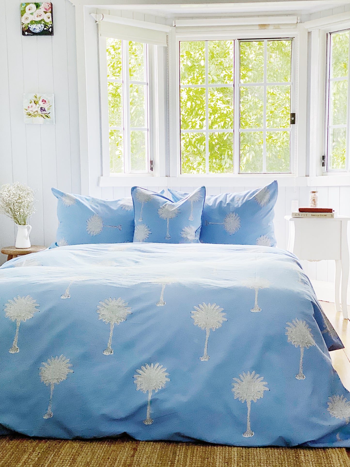 Blue Beachhouse Palms Quilt Cover