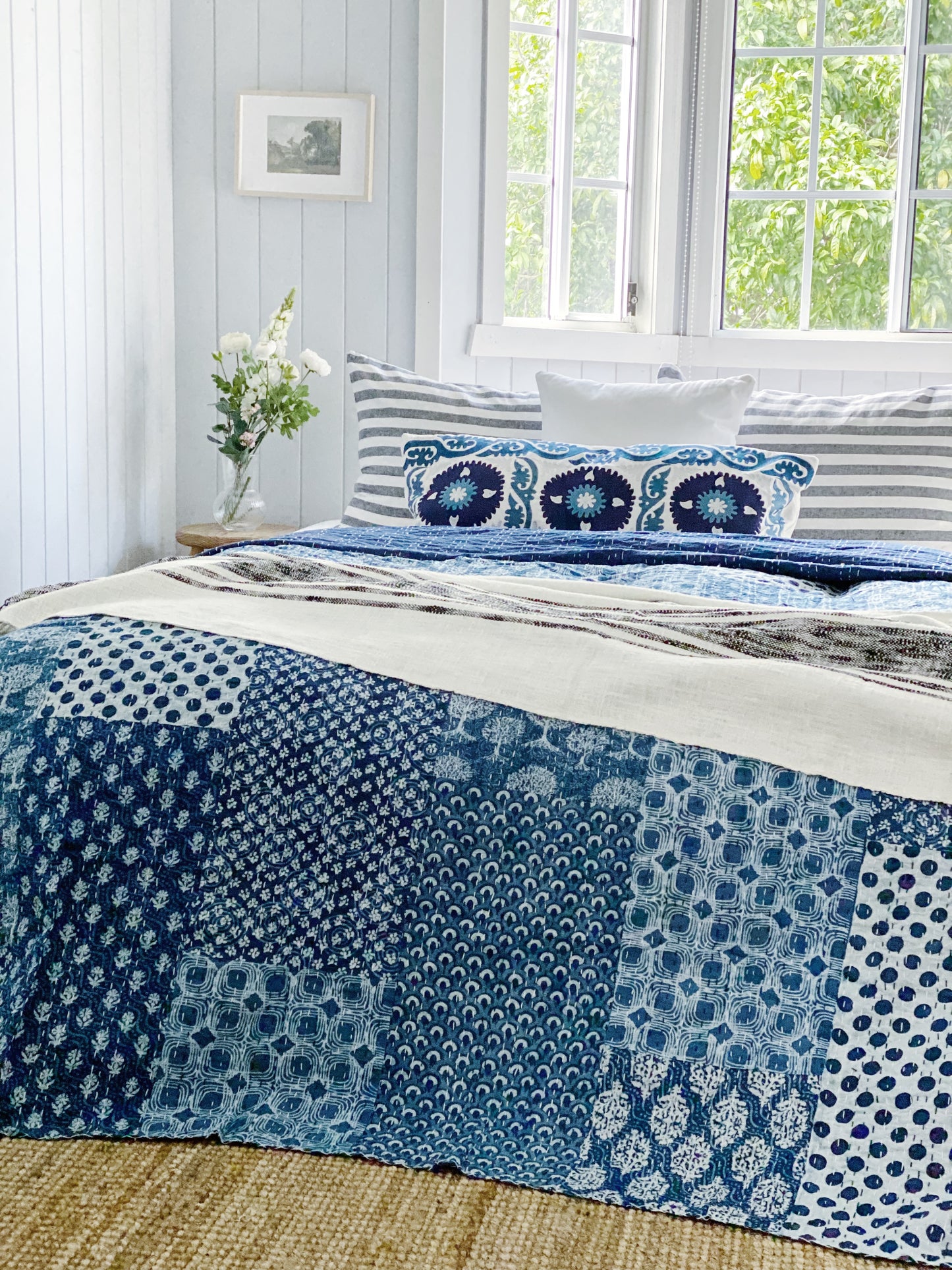 Indigo Patchwork Hand Block Printed Kantha Quilt