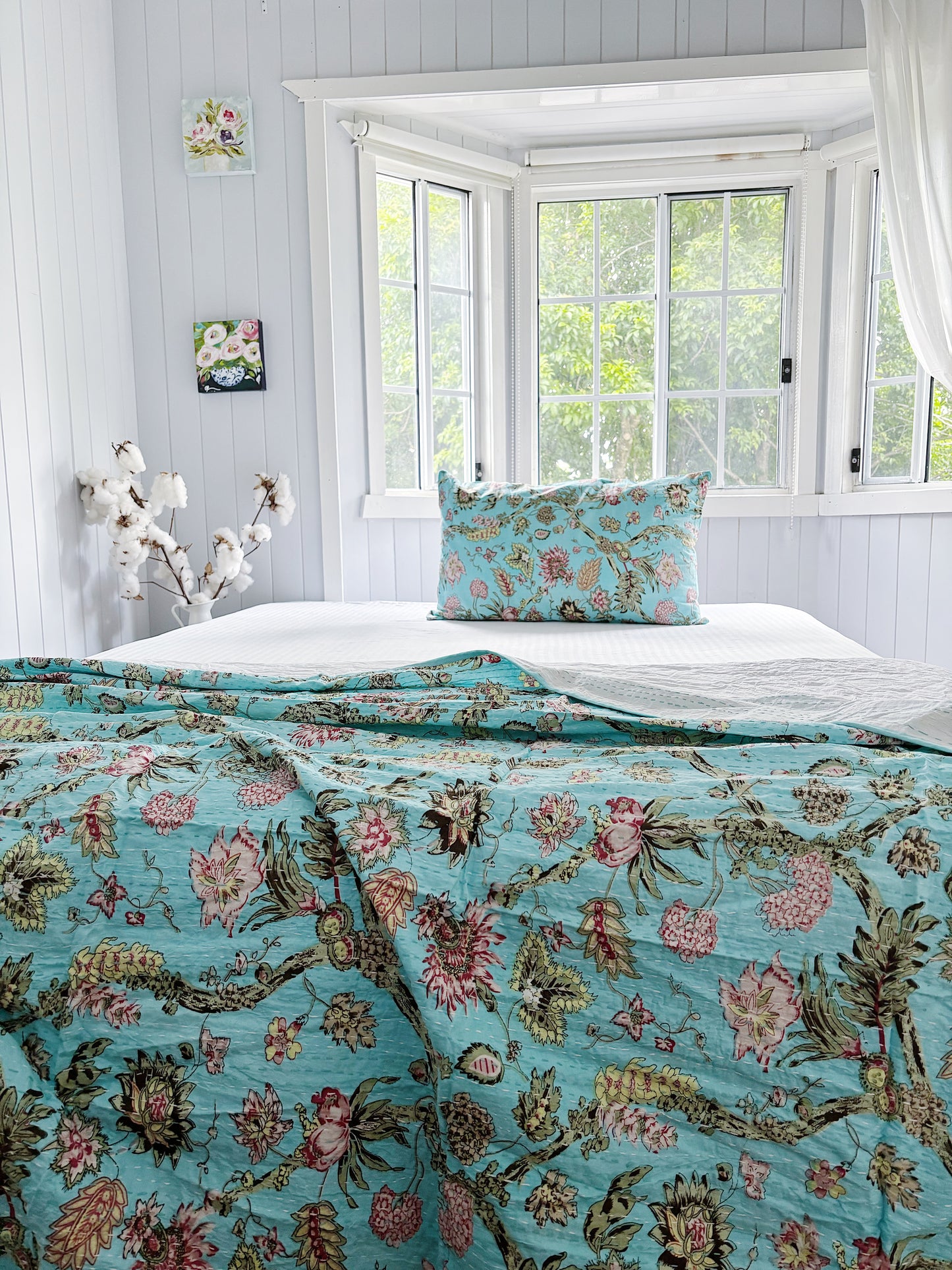 Aqua Blue Jardin Floral Kantha Quilt