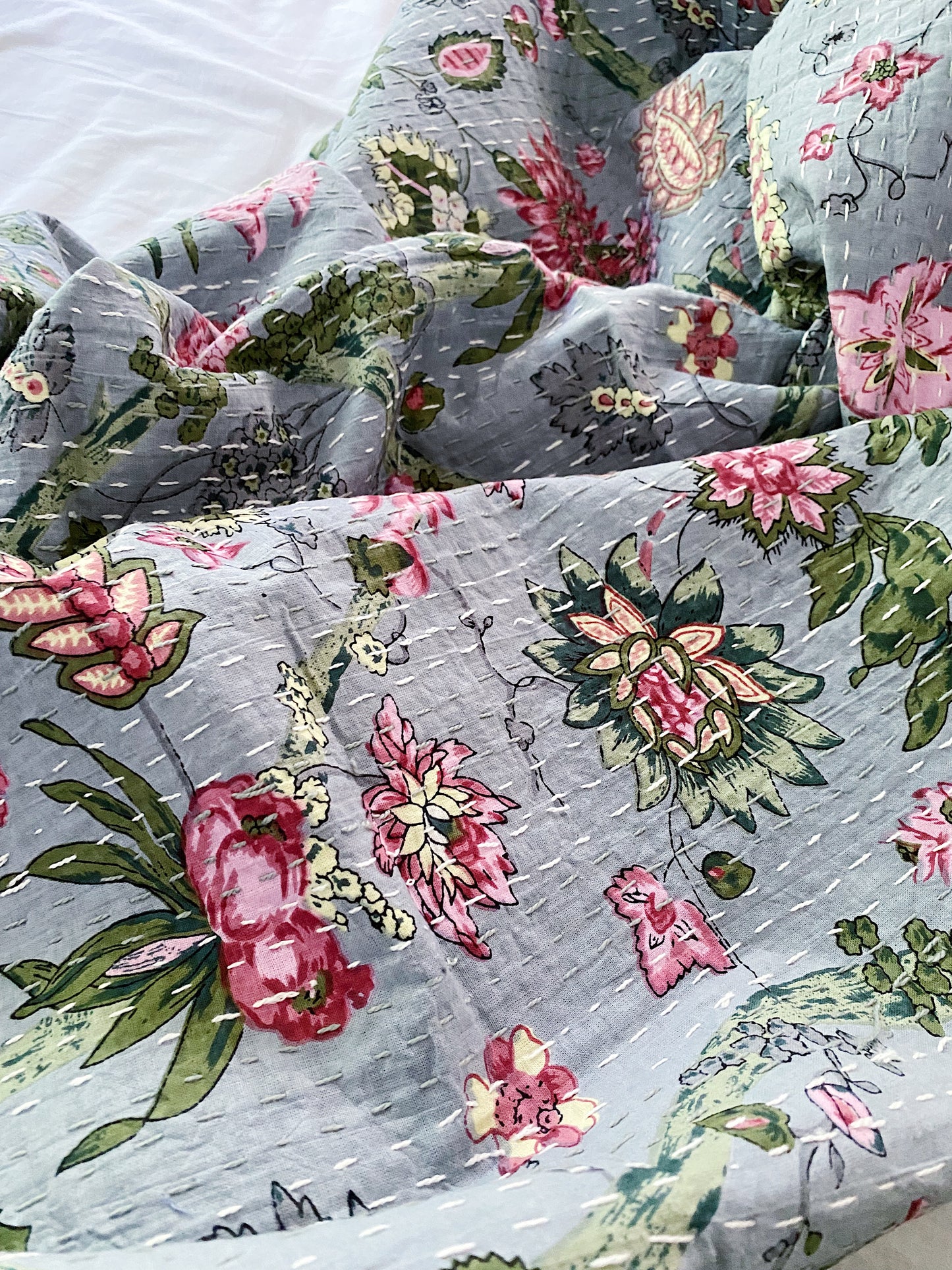 Ash Grey Jardin Floral Kantha Quilt