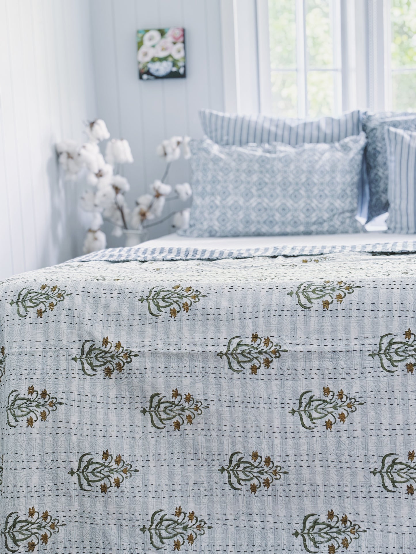 Blue Hamptons Fleur & Stripes Kantha Quilt