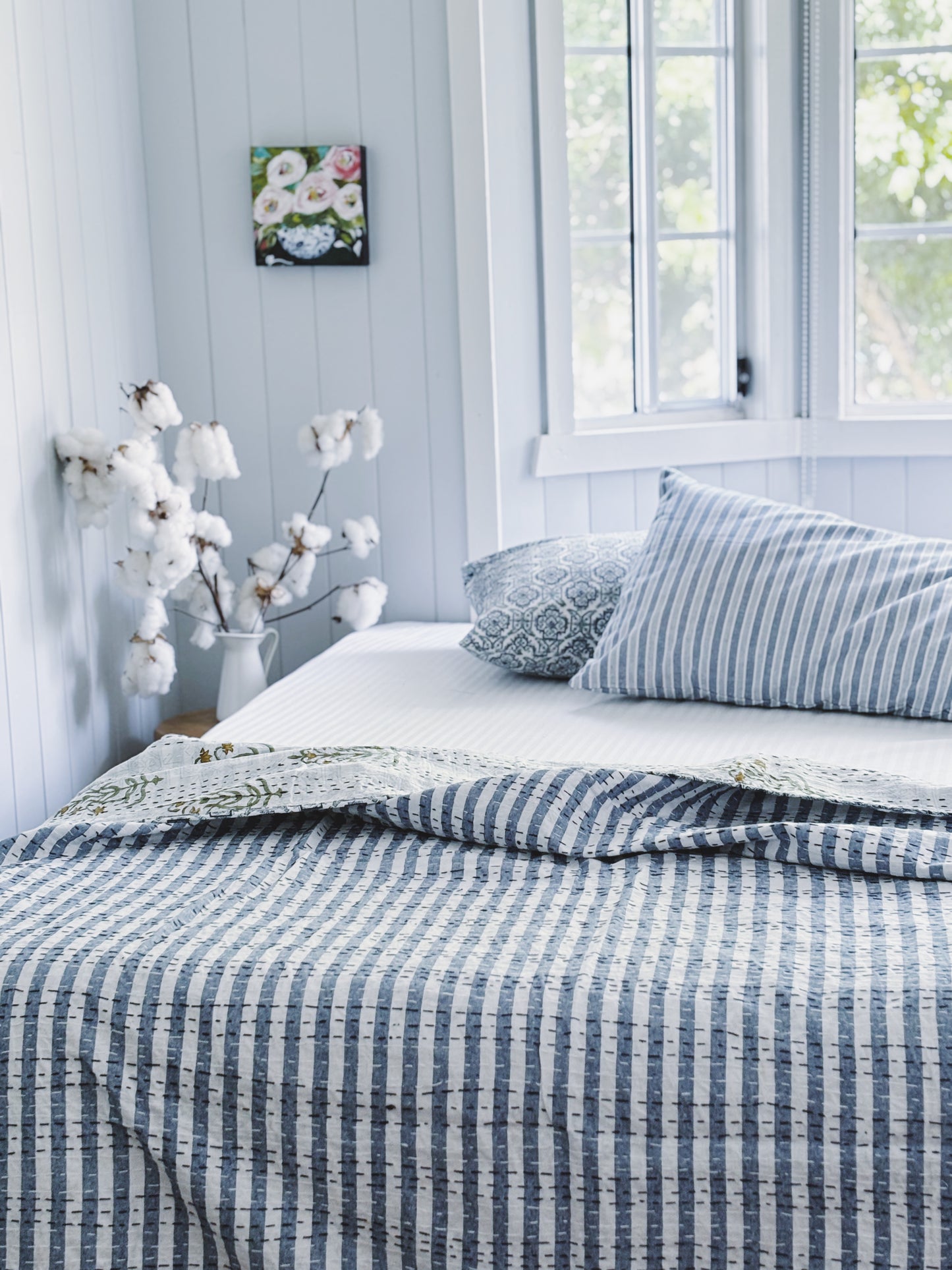 Blue Hamptons Fleur & Stripes Kantha Quilt