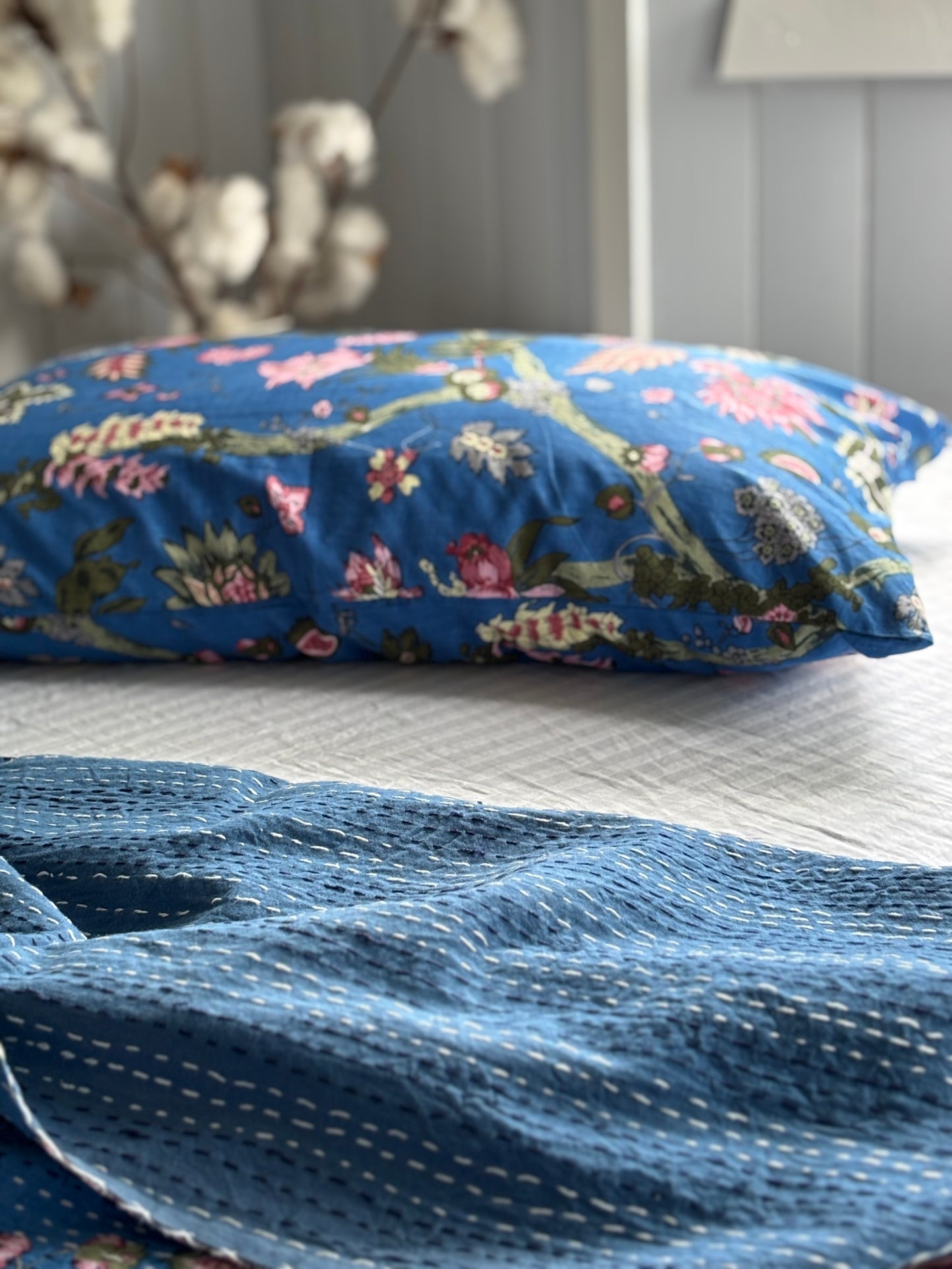 Hydrangea Blue Jardin Floral Kantha Quilt