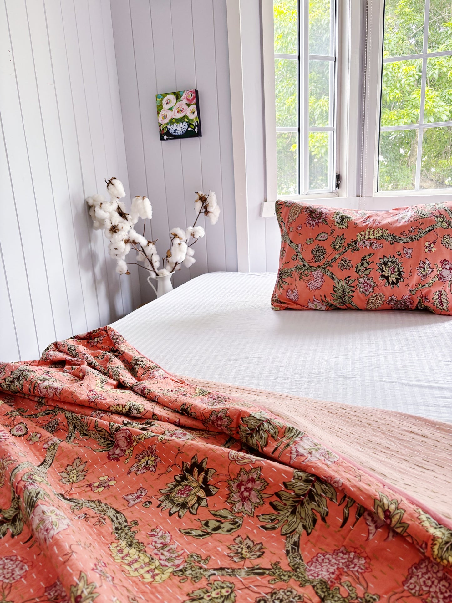 Coral Jardin Kantha Quilt-Single size
