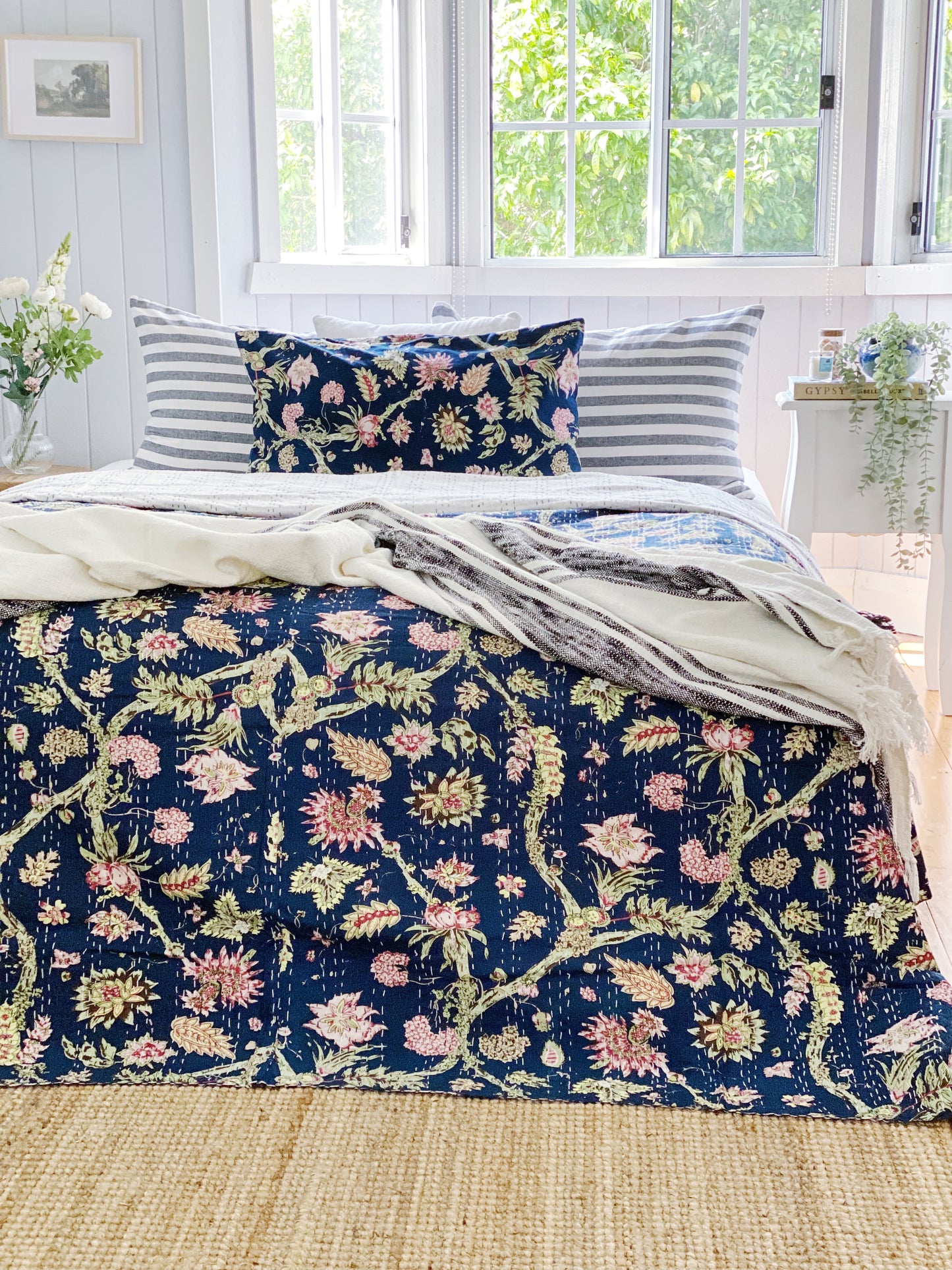 Navy Blue Jardin Kantha Quilt