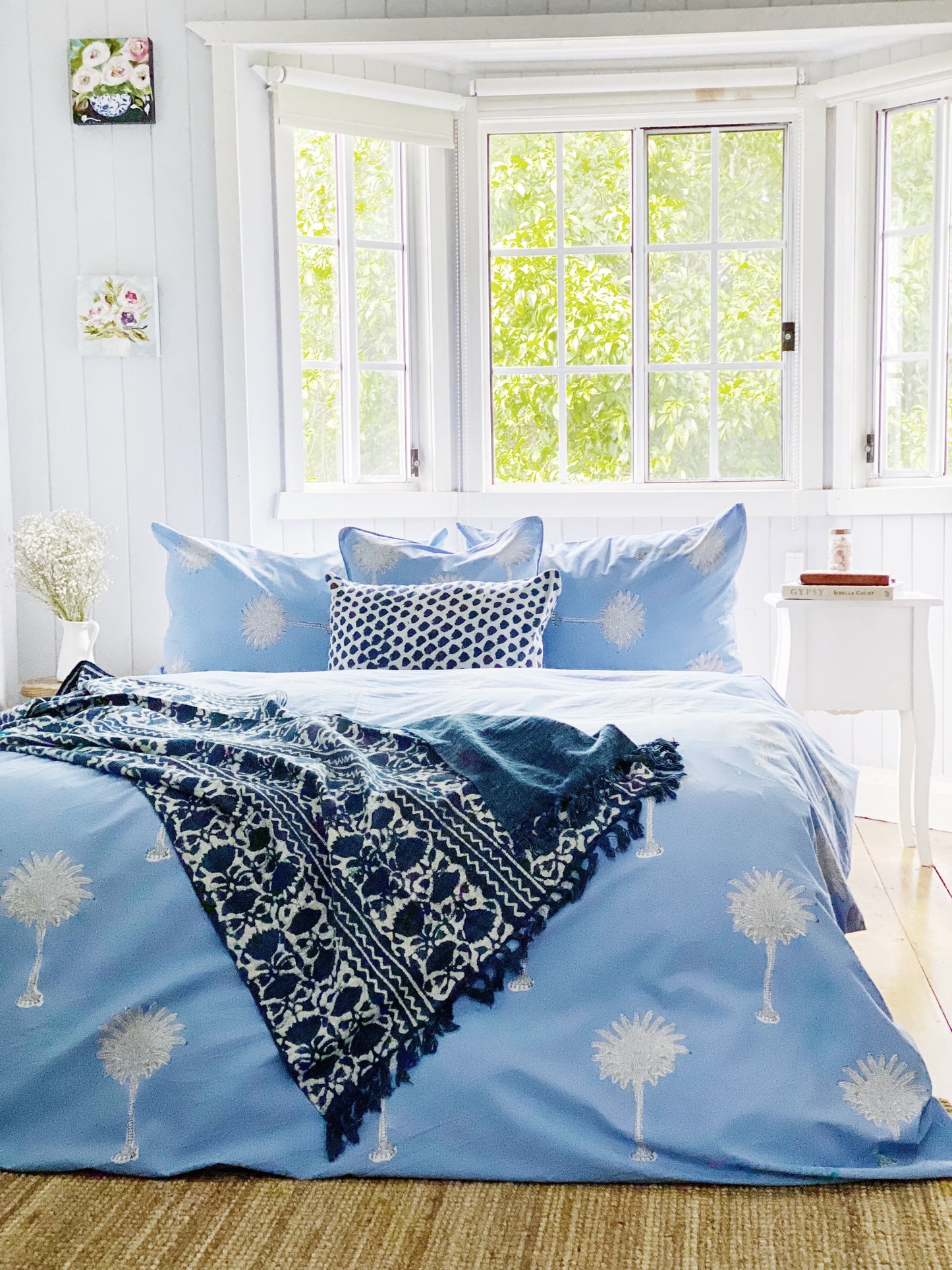 Blue Beachhouse Palms Quilt Cover