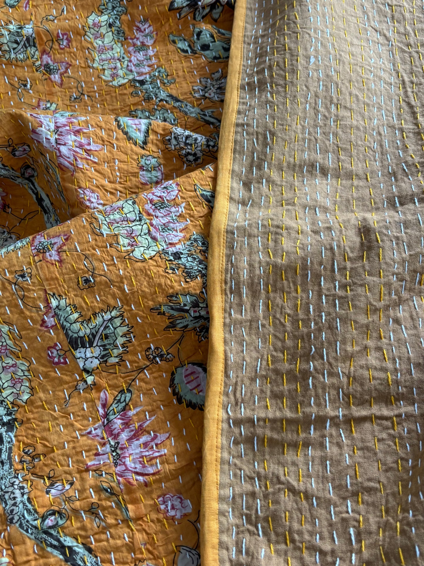 Mustard Jardin Kantha Quilt -Single size