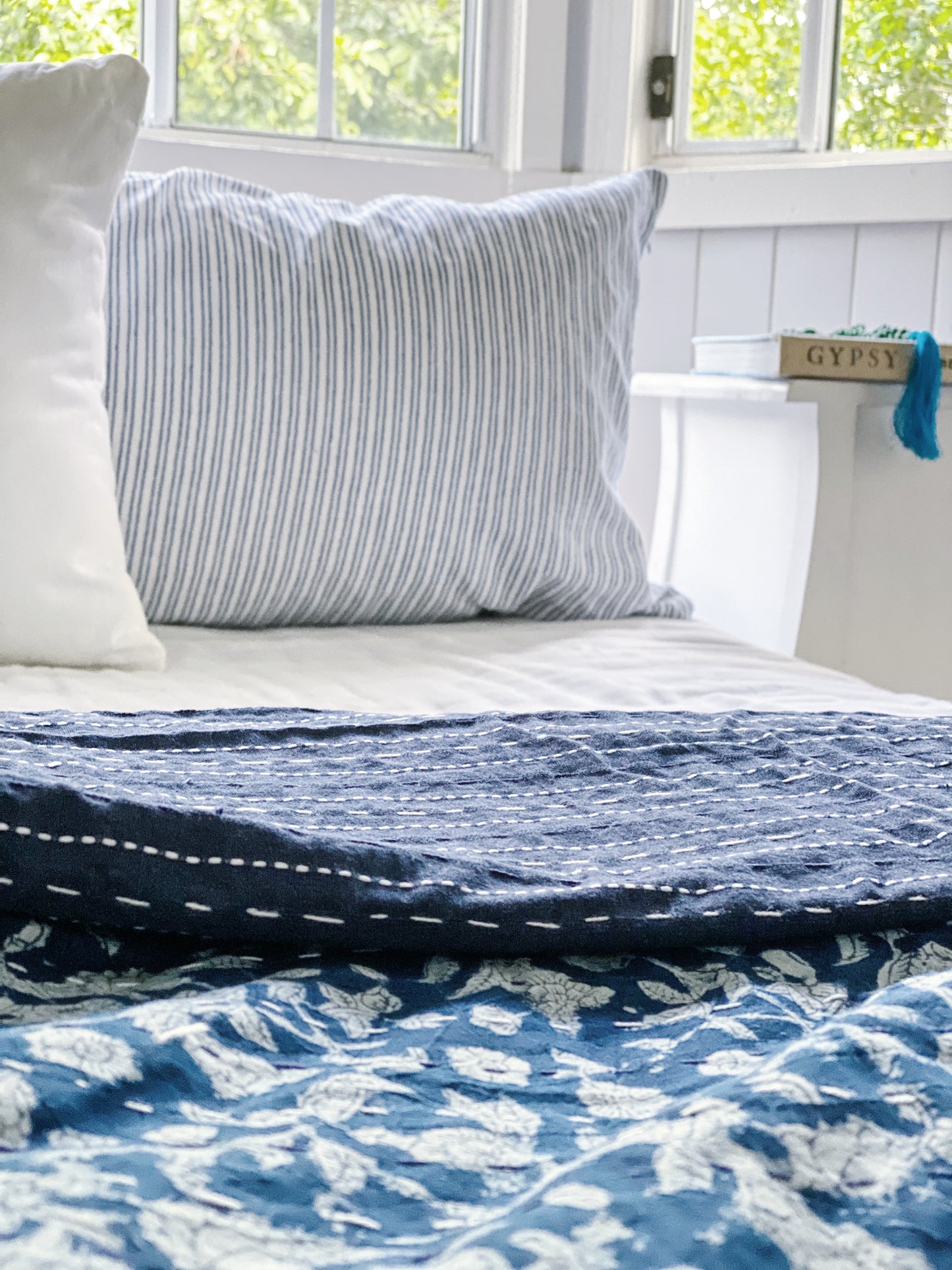 Indigo Hamptons Floral Kantha Quilt  ( Large Quilt)