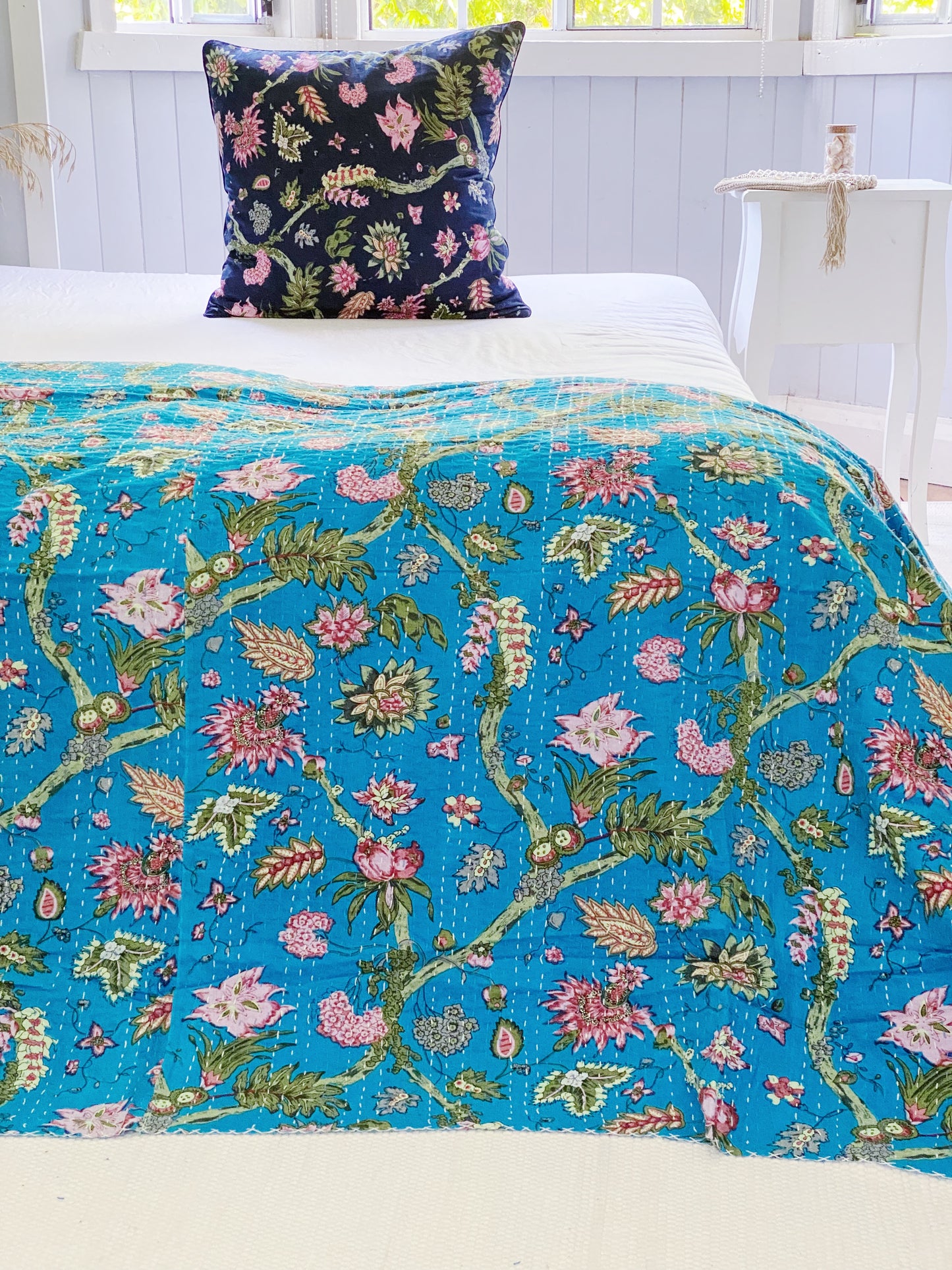 Azure Blue Jardin Kantha Quilt