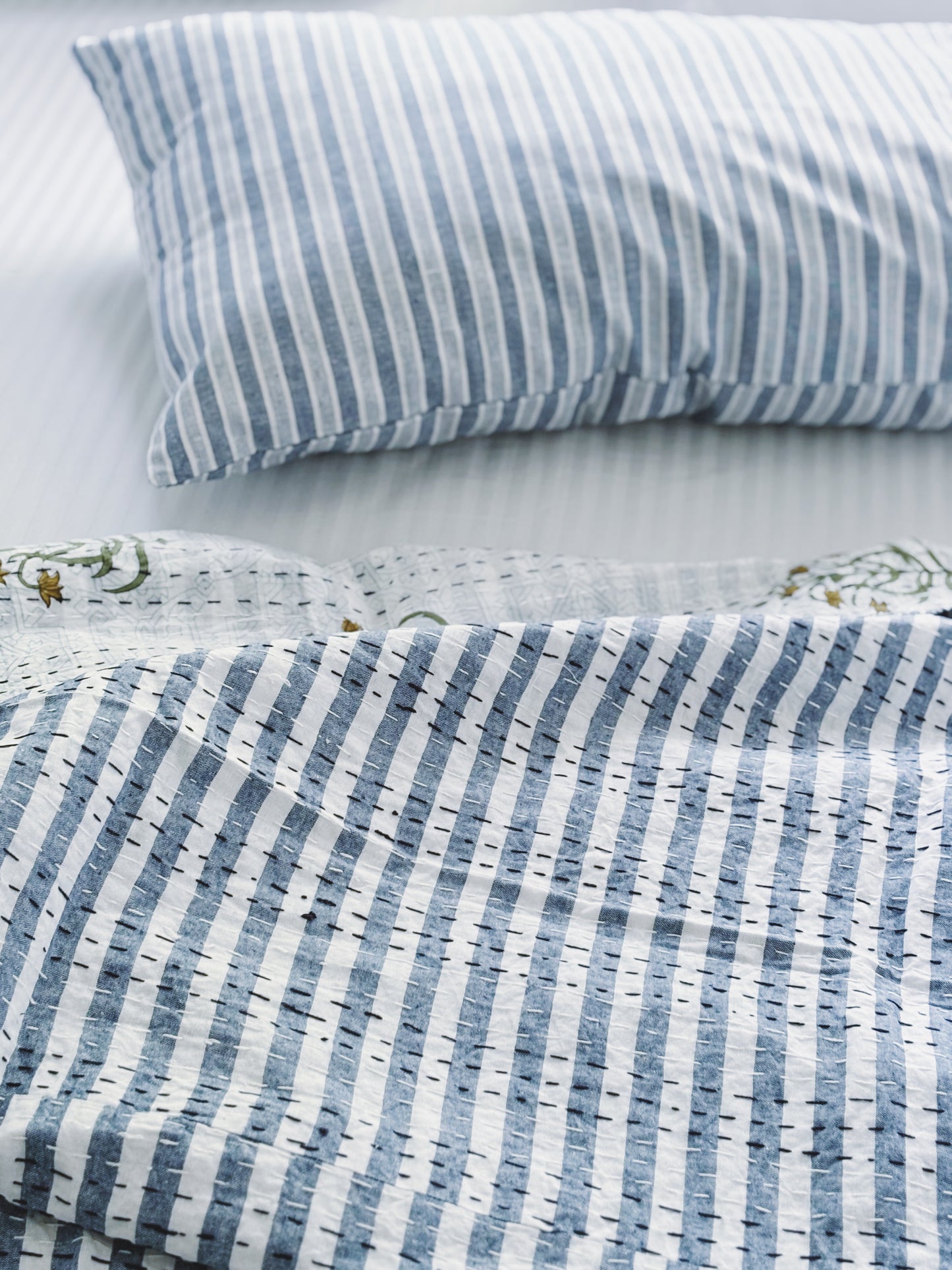 Blue Hamptons Fleur & Stripes Kantha Quilt