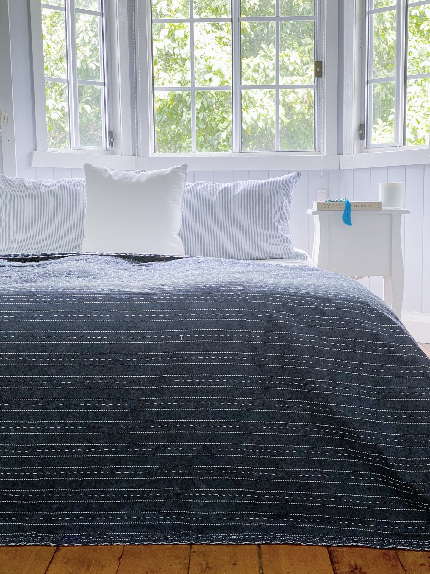 Indigo Hamptons Floral Kantha Quilt ( Large Quilt)
