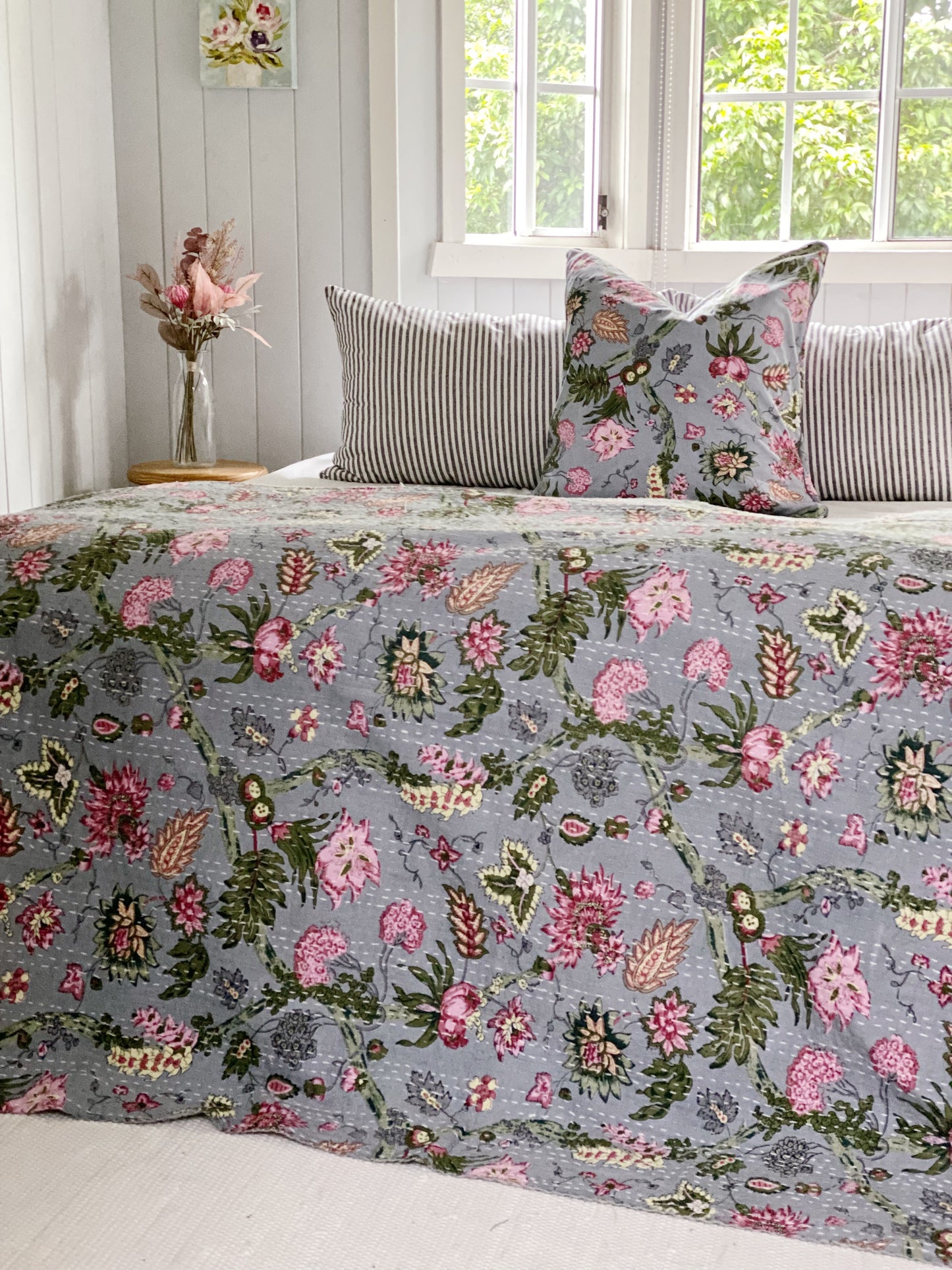 Ash Grey Jardin Floral Kantha Quilt