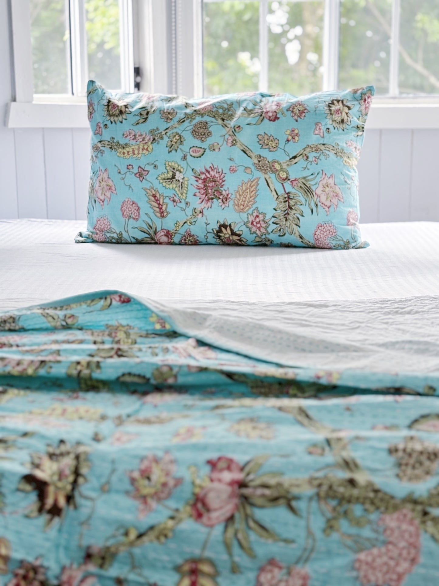 Aqua Blue Jardin Floral Pillowcase