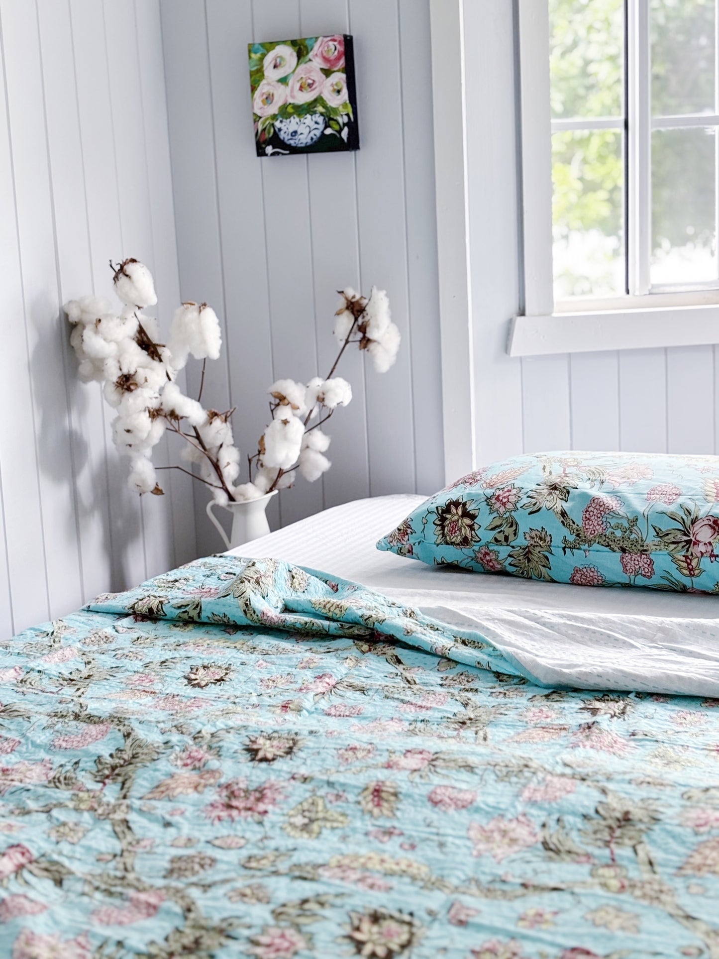 Aqua Blue Jardin Floral Kantha Quilt