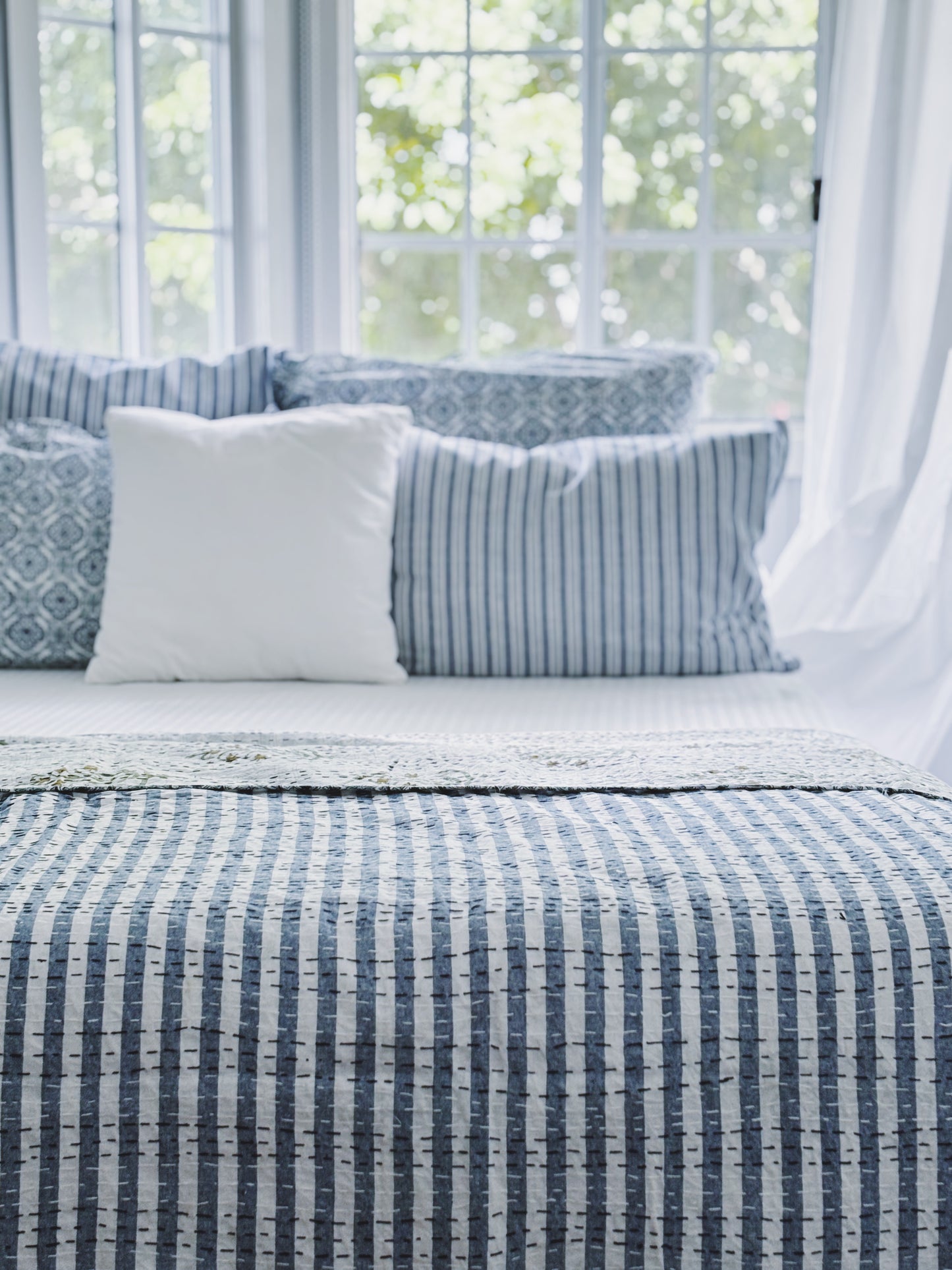 Blue Hamptons Fleur & Stripes Kantha Quilt