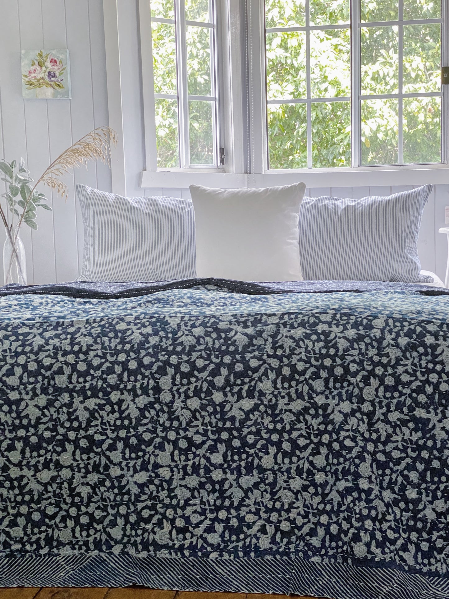 Indigo Hamptons Floral Kantha Quilt ( Large Quilt)