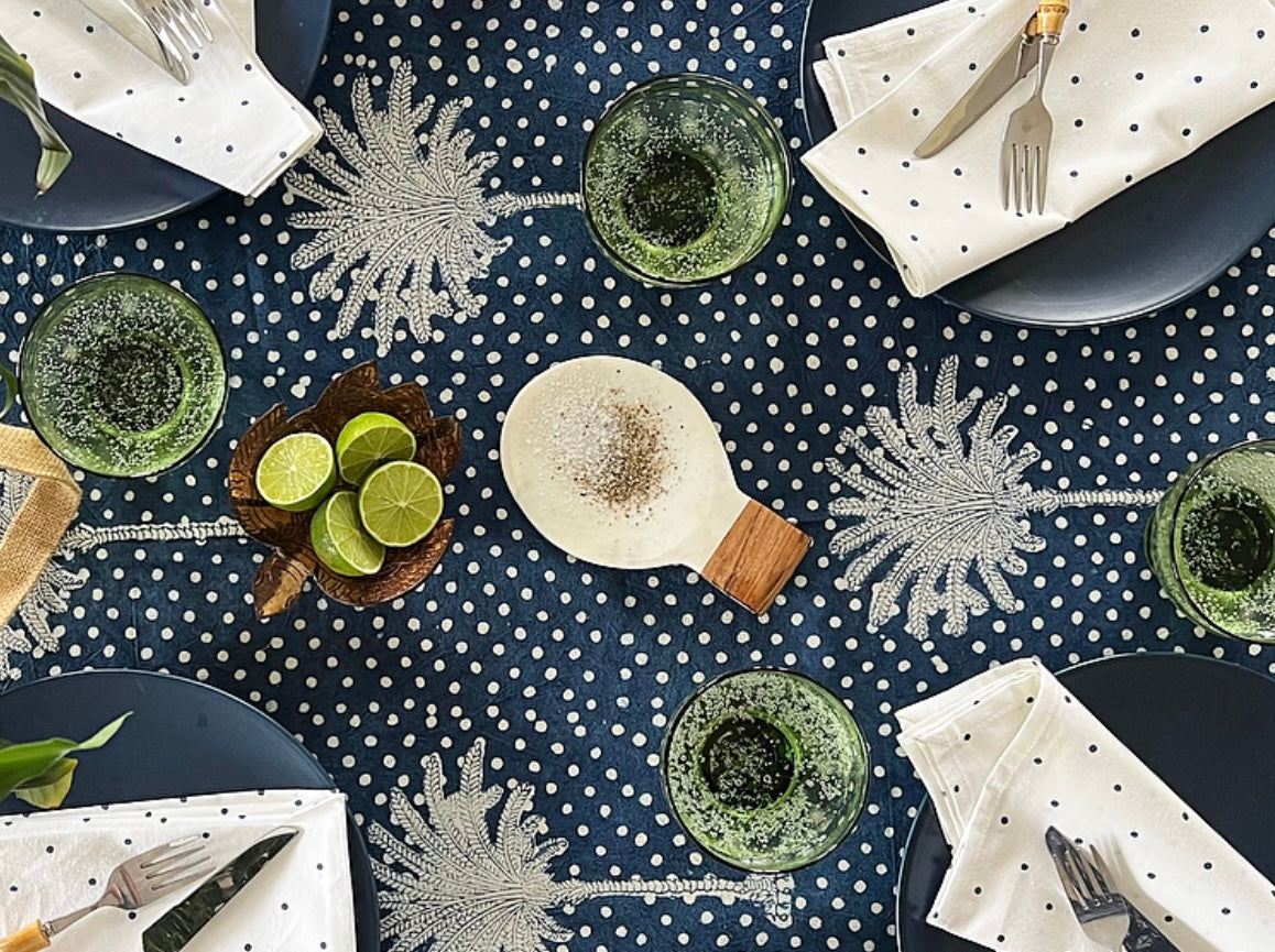 Indigo Polka Dot  Palms Tablecloth (180x275cm)