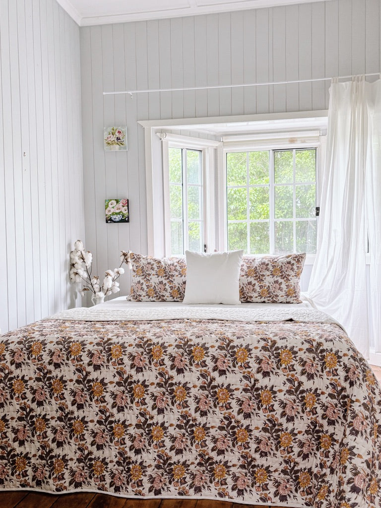 Sienna Cotton Filled Kantha Quilt ~ Hand-Printed & Hand-Stitched