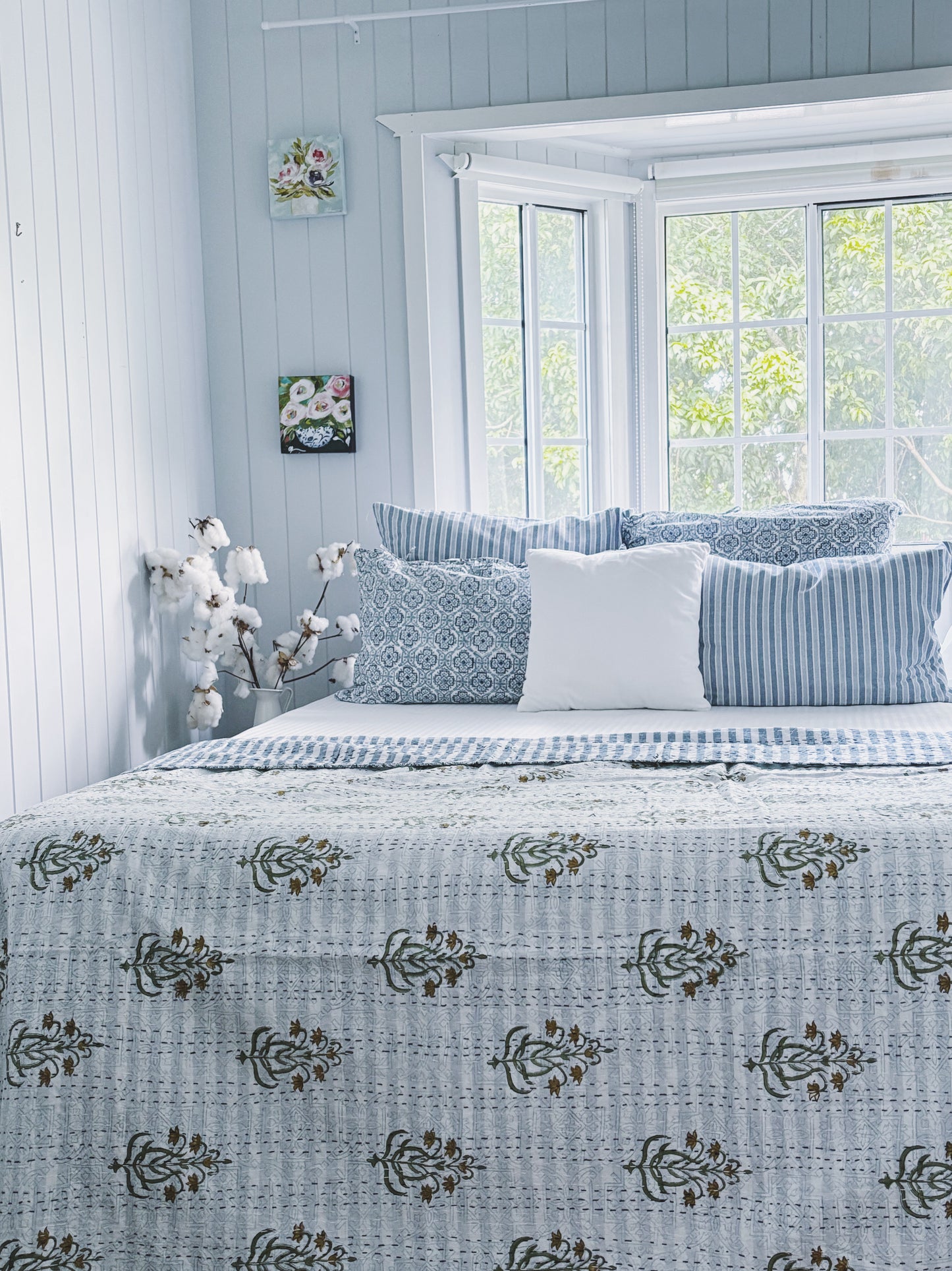 Blue Hamptons Fleur & Stripes Kantha Quilt