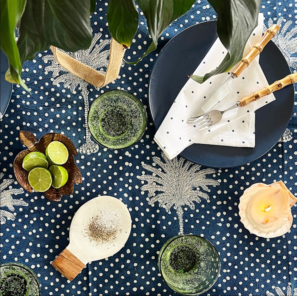 Indigo Polka Dot Palms Tablecloth (180x275cm)
