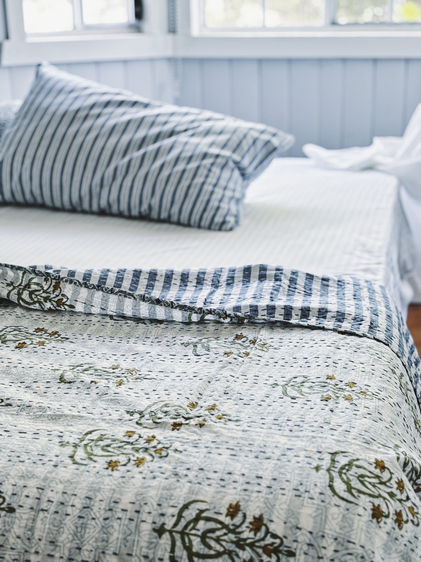 Blue Hamptons Fleur & Stripes Kantha Quilt