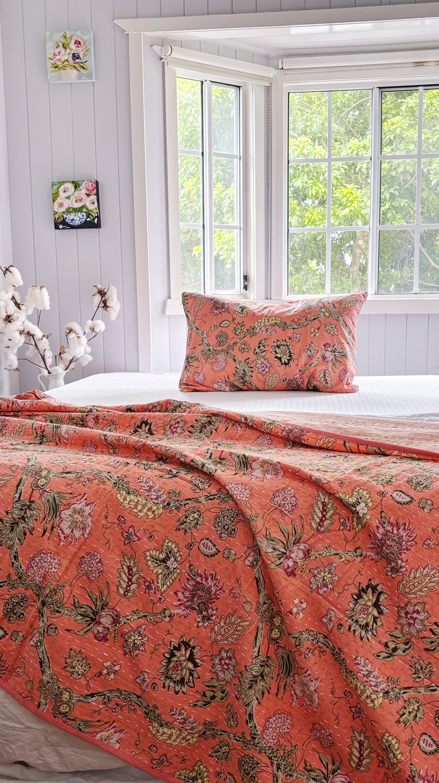 Coral Jardin Kantha Quilt-Single size