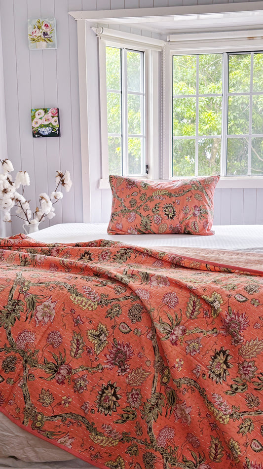 Coral Jardin Kantha Quilt-Single size