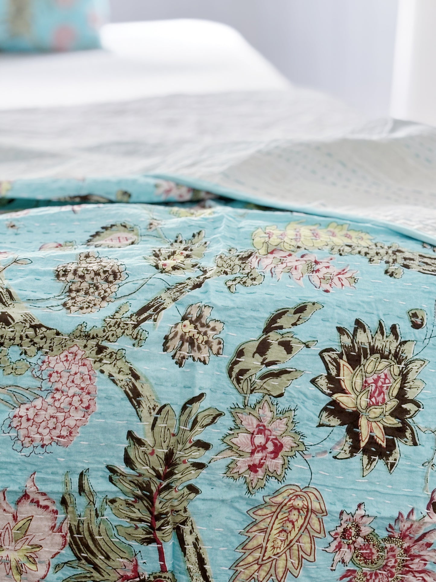 Aqua Blue Jardin Floral Kantha Quilt
