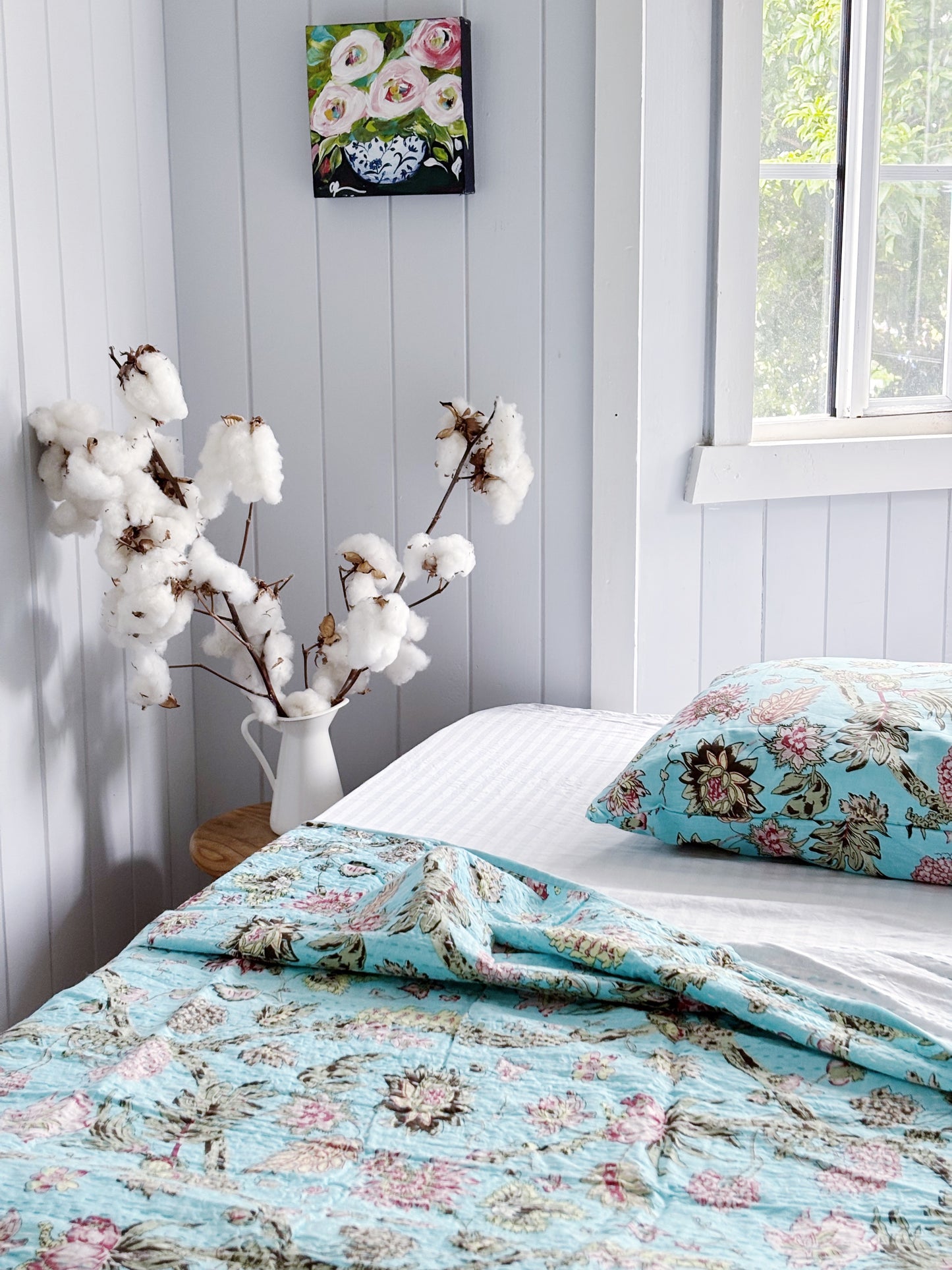 Aqua Blue Jardin Floral Kantha Quilt