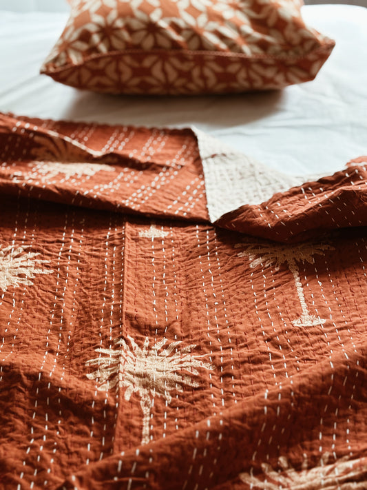 Rust Palm  Kantha Quilt-Single Size