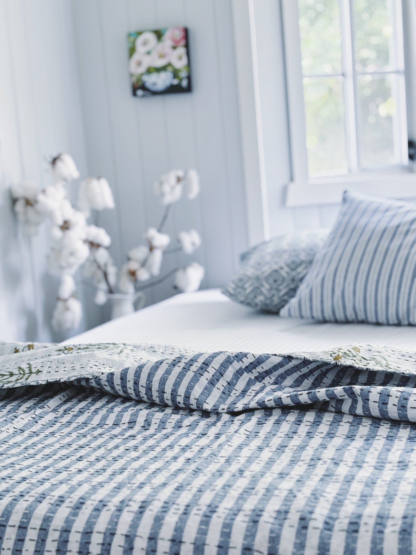 Blue Hamptons Fleur & Stripes Kantha Quilt