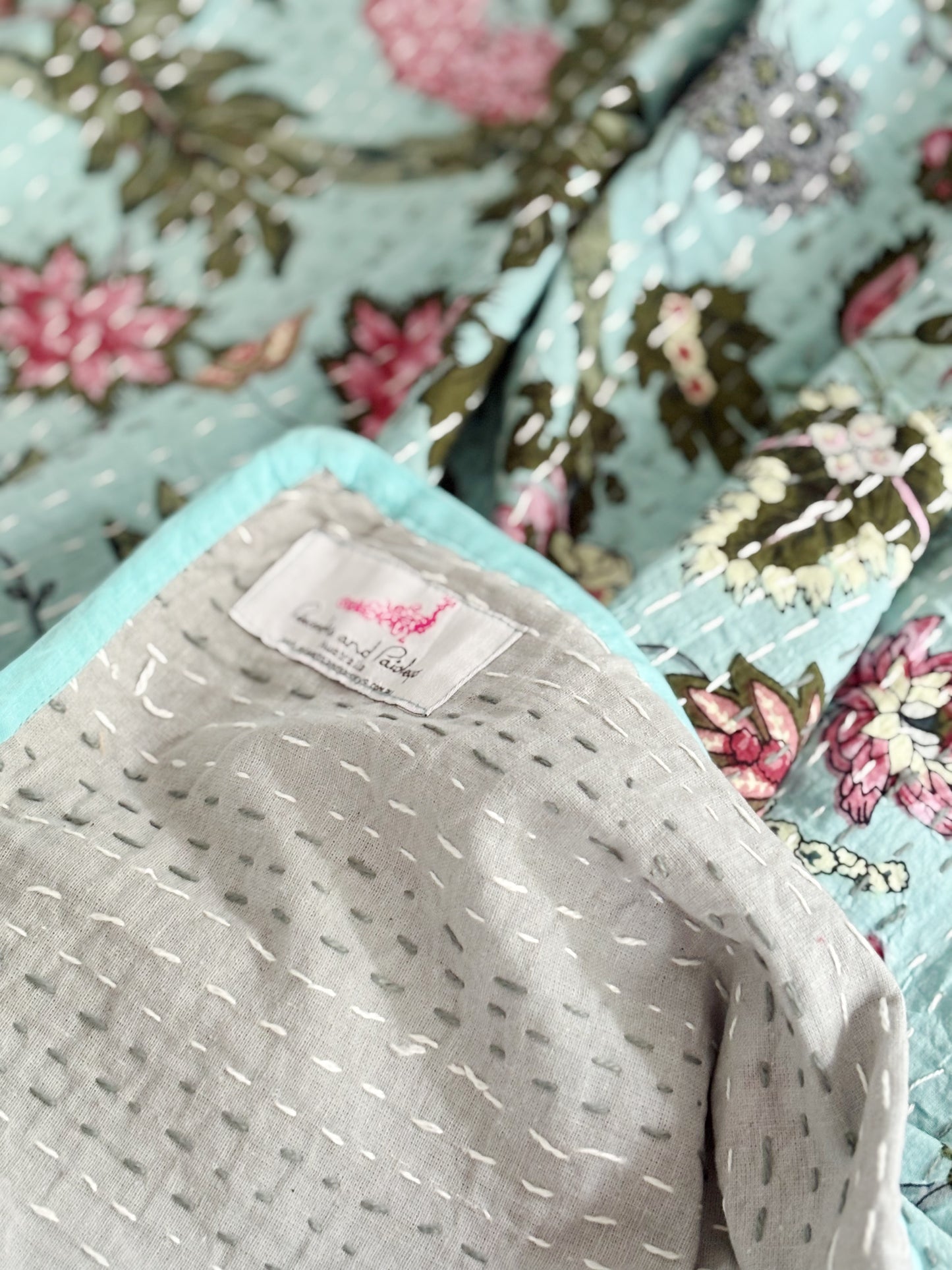 Mint Green Jardin Floral Kantha Quilt