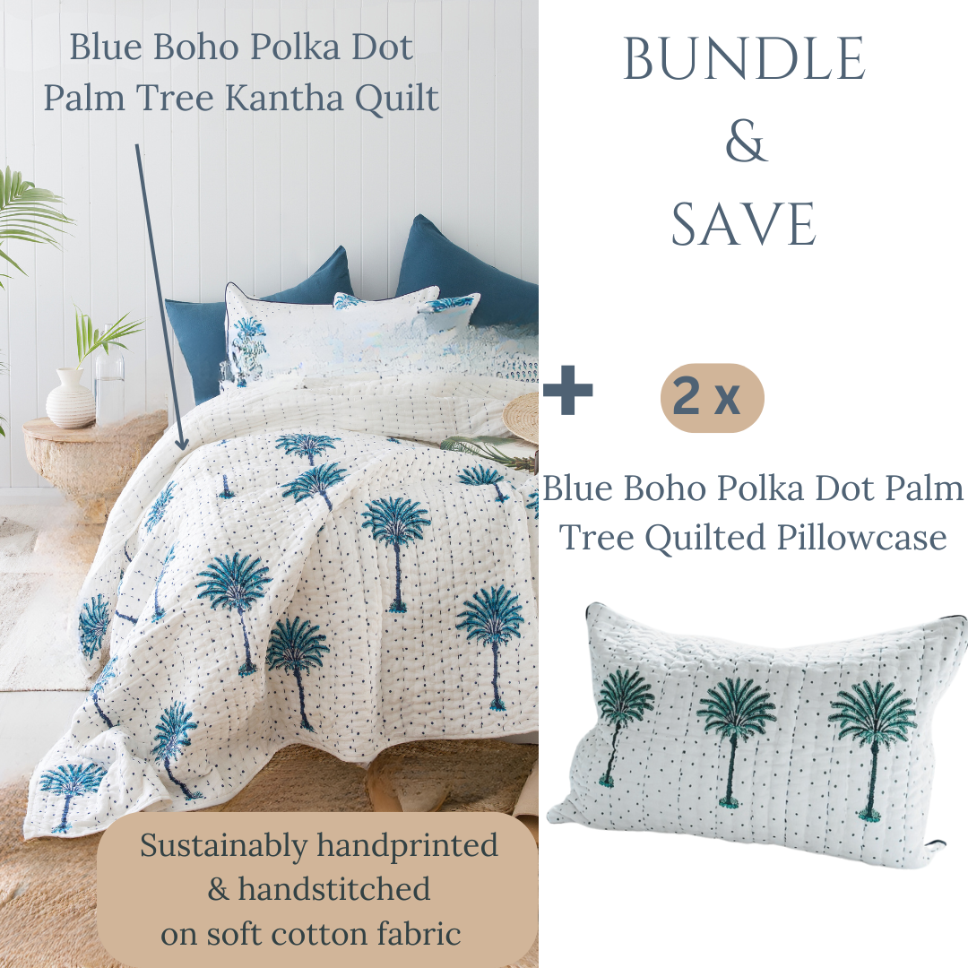 Blue Boho Polka Dot Palm Tree Kantha Quilt plus Quilted Pillowcase Bundle