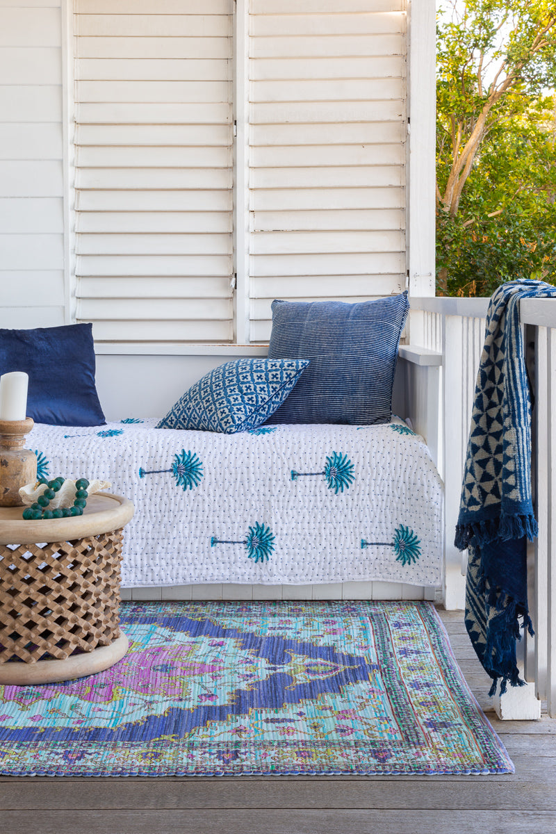 Blue Boho Polka Dot Palm Tree Kantha Quilt plus Quilted Pillowcase Bundle
