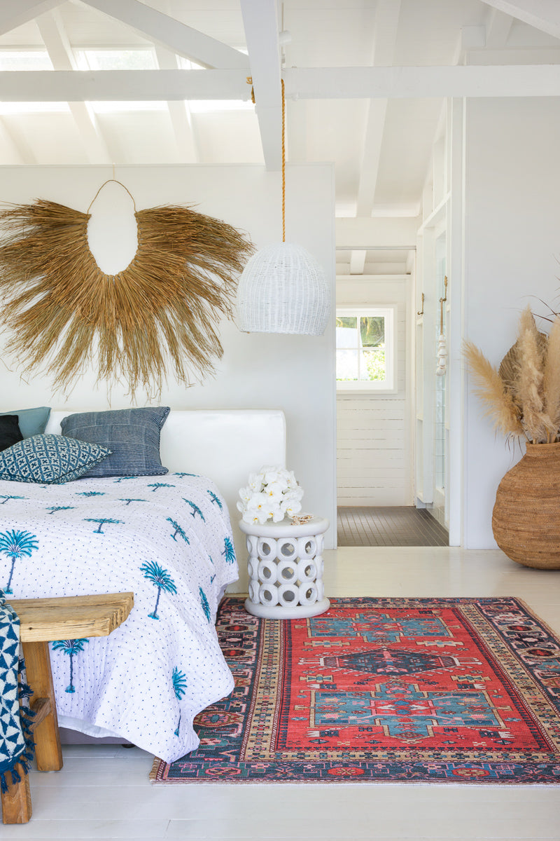 Blue Boho Polka Dot Palm Tree Kantha Quilt plus Quilted Pillowcase Bundle