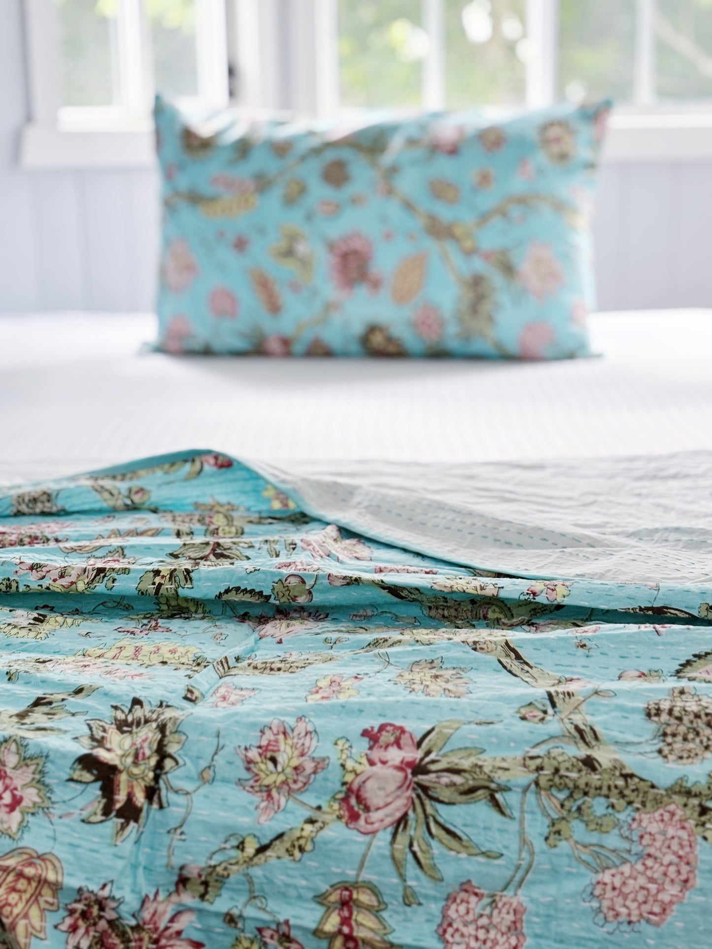 Aqua Blue Jardin Floral Kantha Quilt