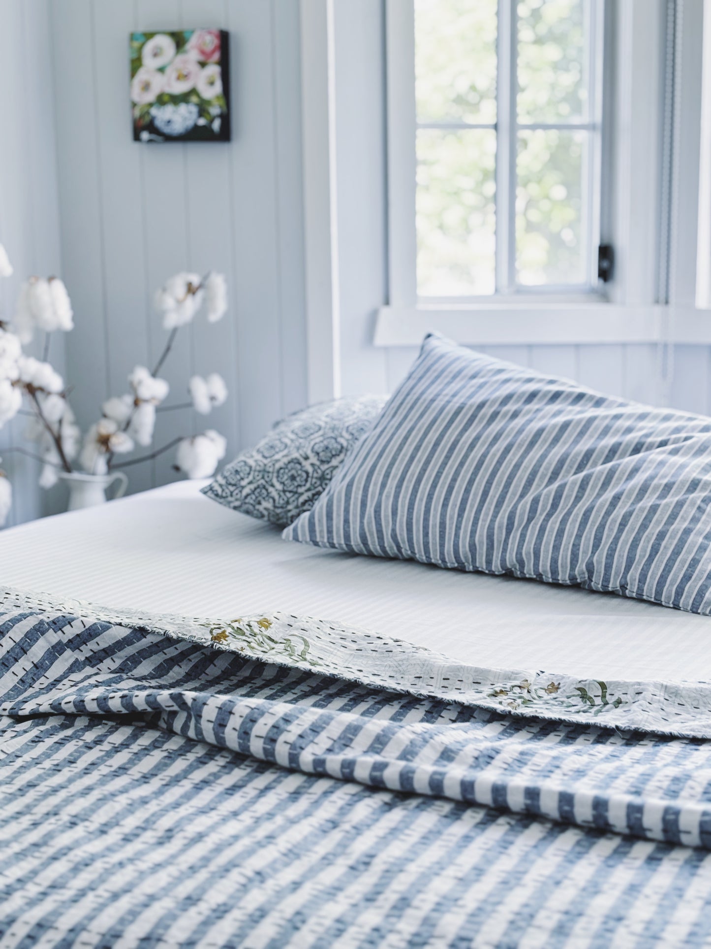 Blue Hamptons Fleur & Stripes Kantha Quilt