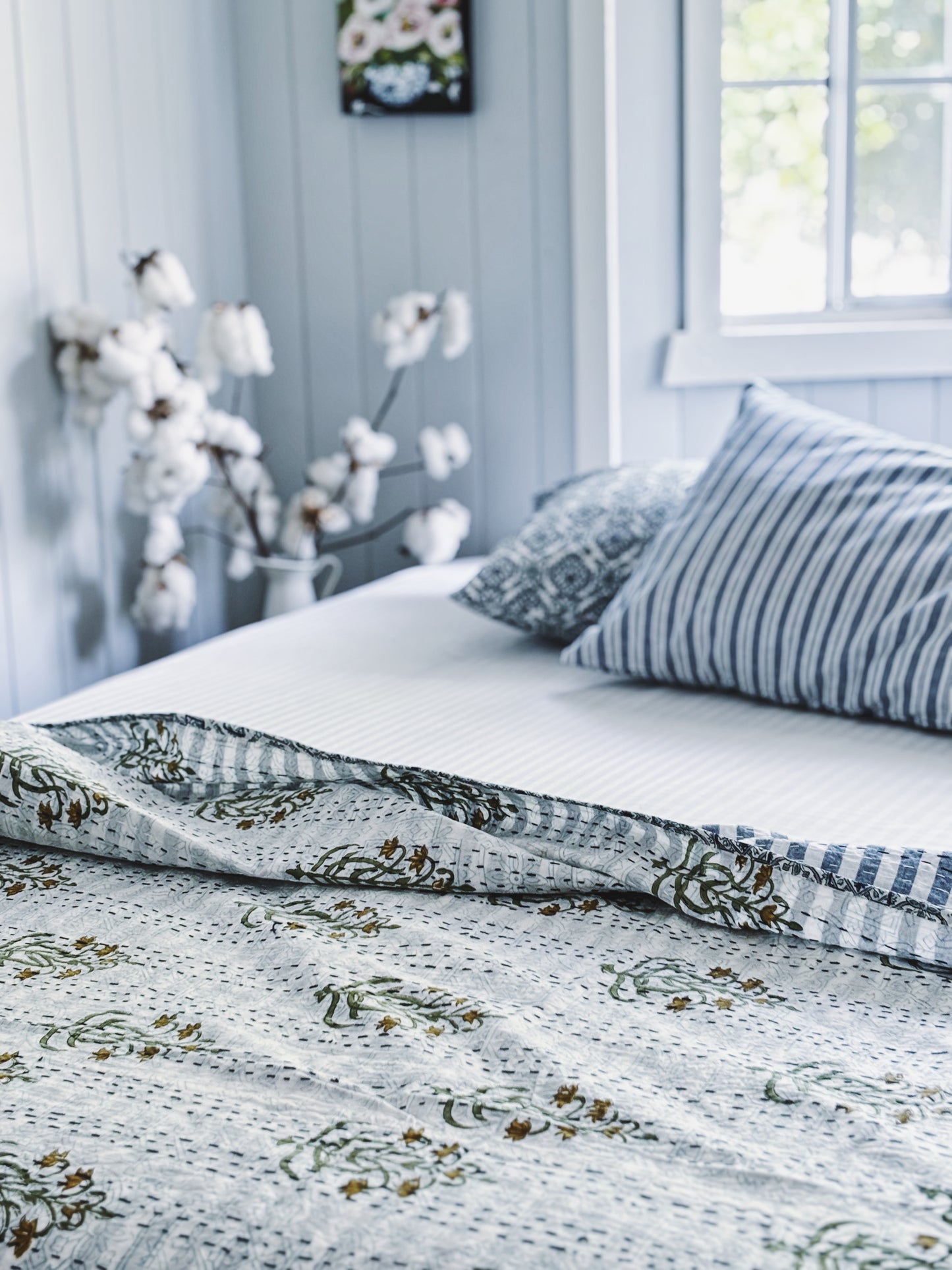 Blue Hamptons Fleur & Stripes Kantha Quilt