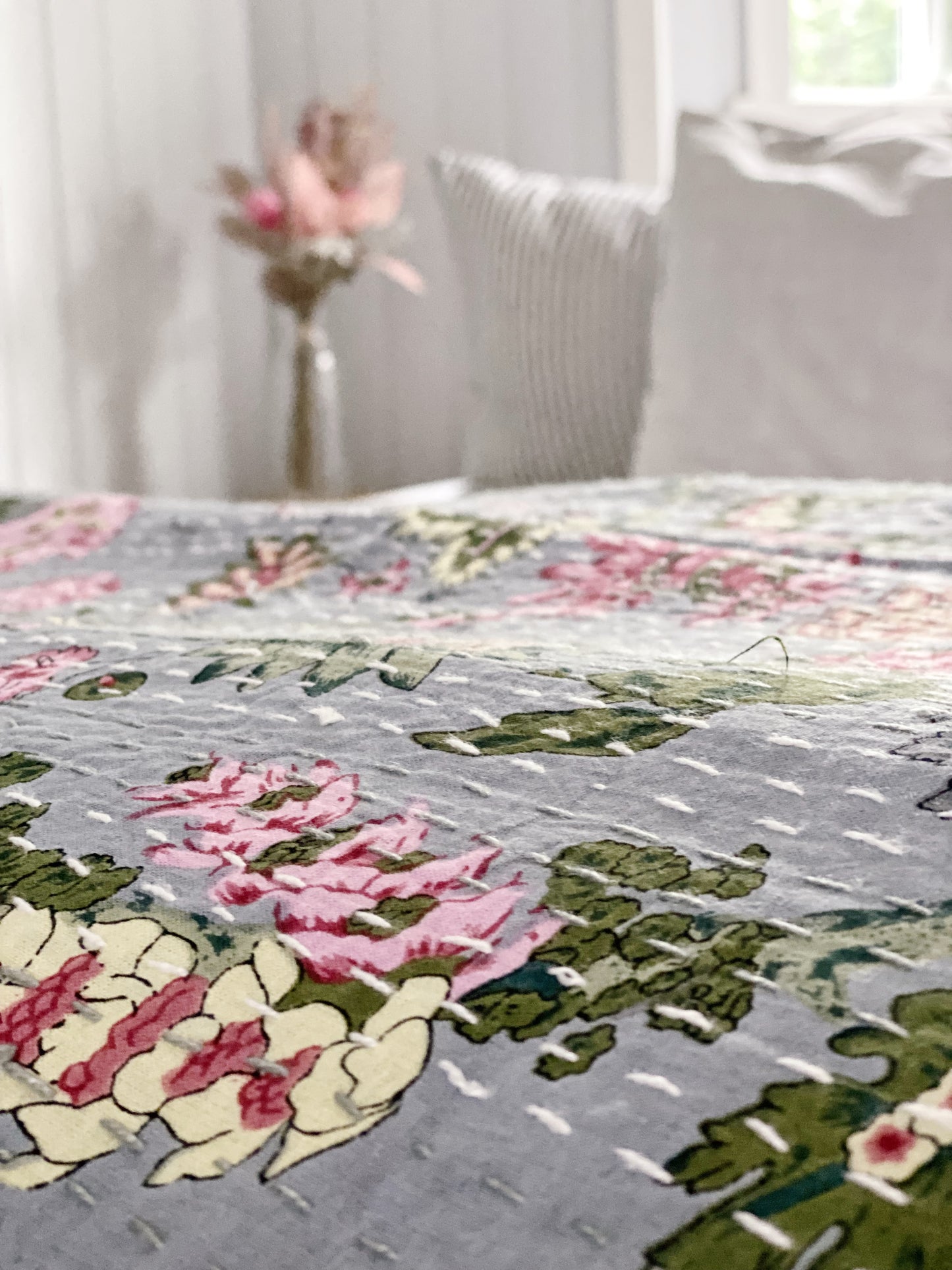 Ash Grey Jardin Floral Kantha Quilt