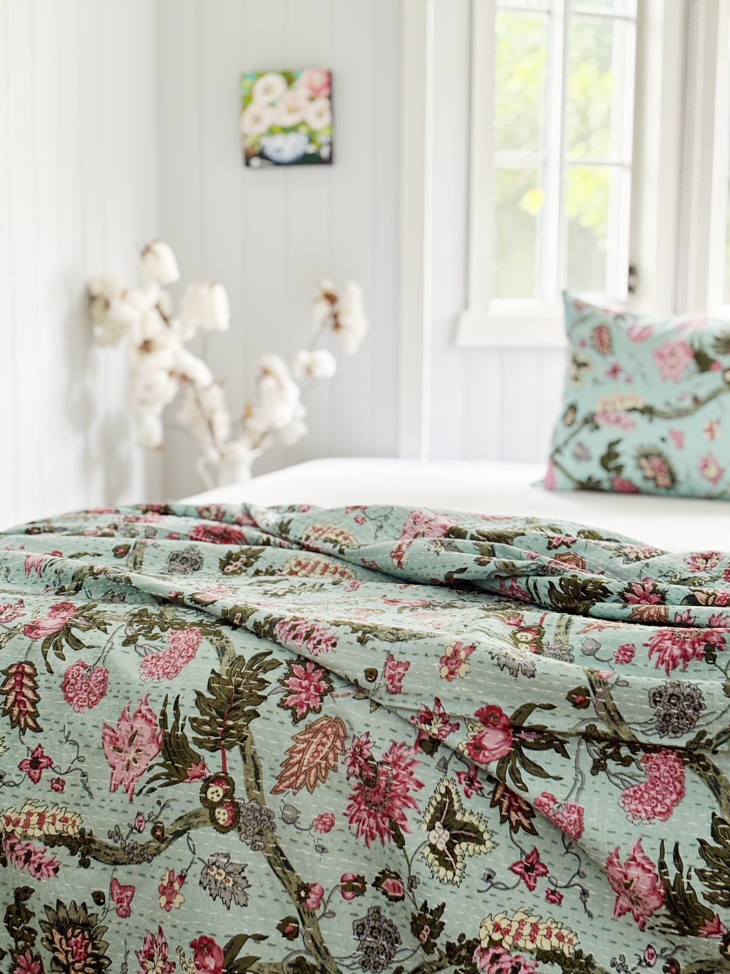 Mint Green Jardin Floral Kantha Quilt