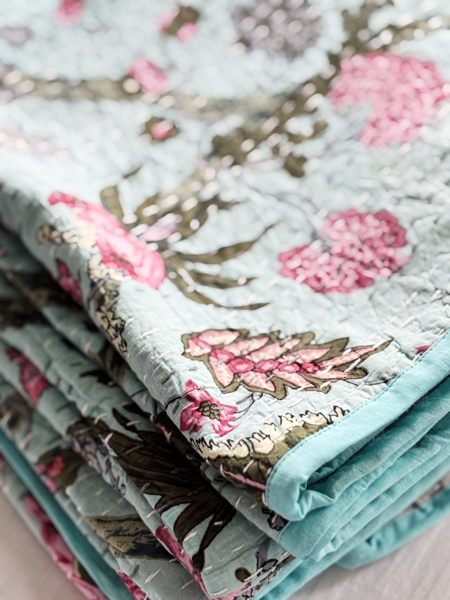 Mint green Jardin Kantha Quilt-Single size