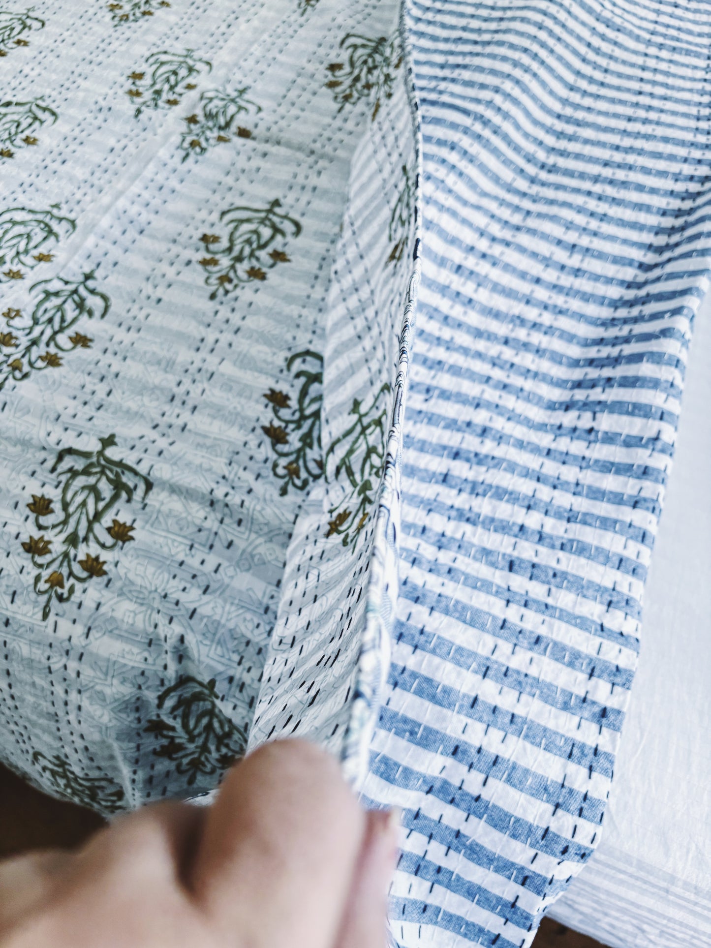 Blue Hamptons Fleur & Stripes Kantha Quilt