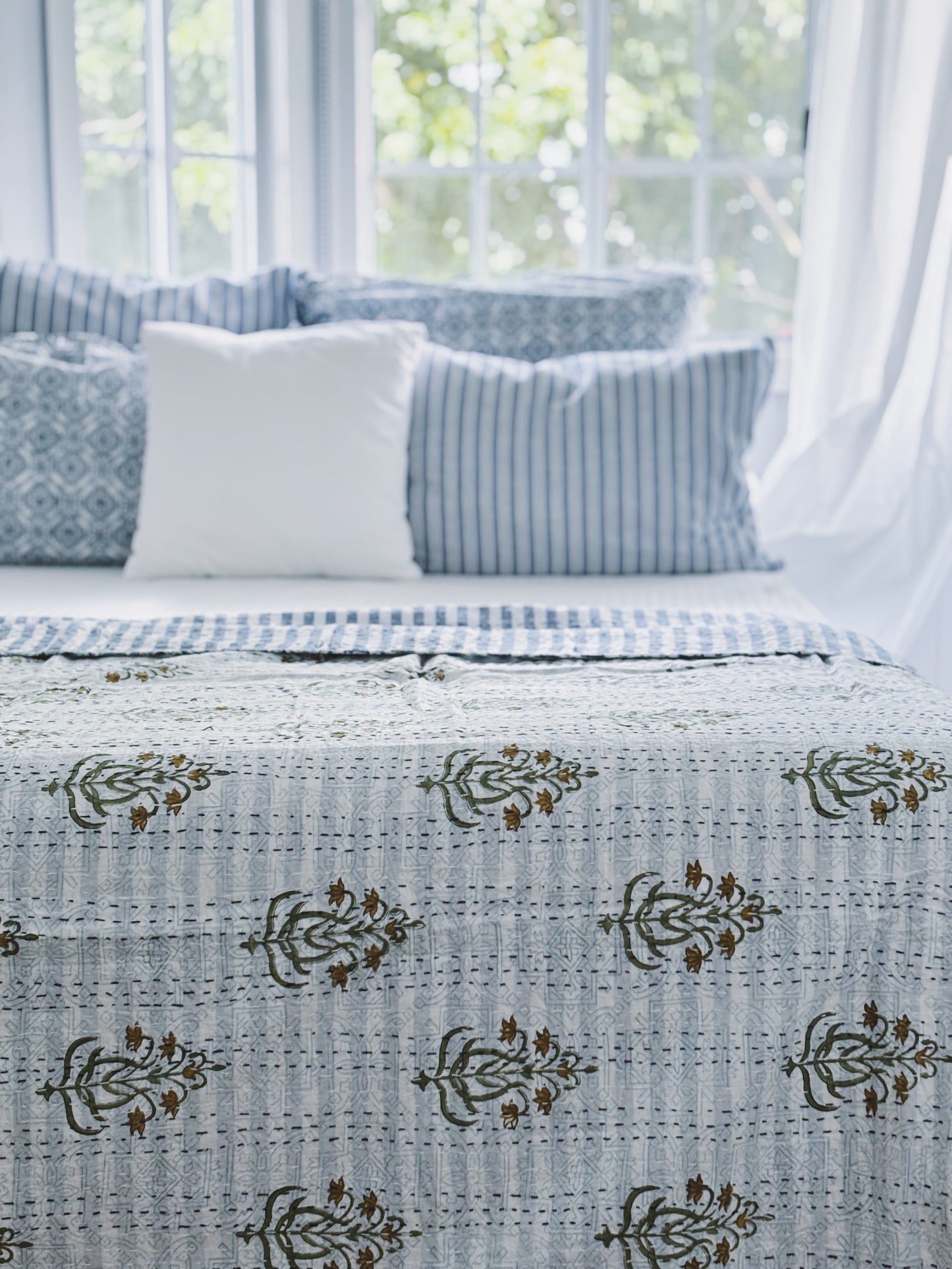 Blue Hamptons Fleur & Stripes Kantha Quilt