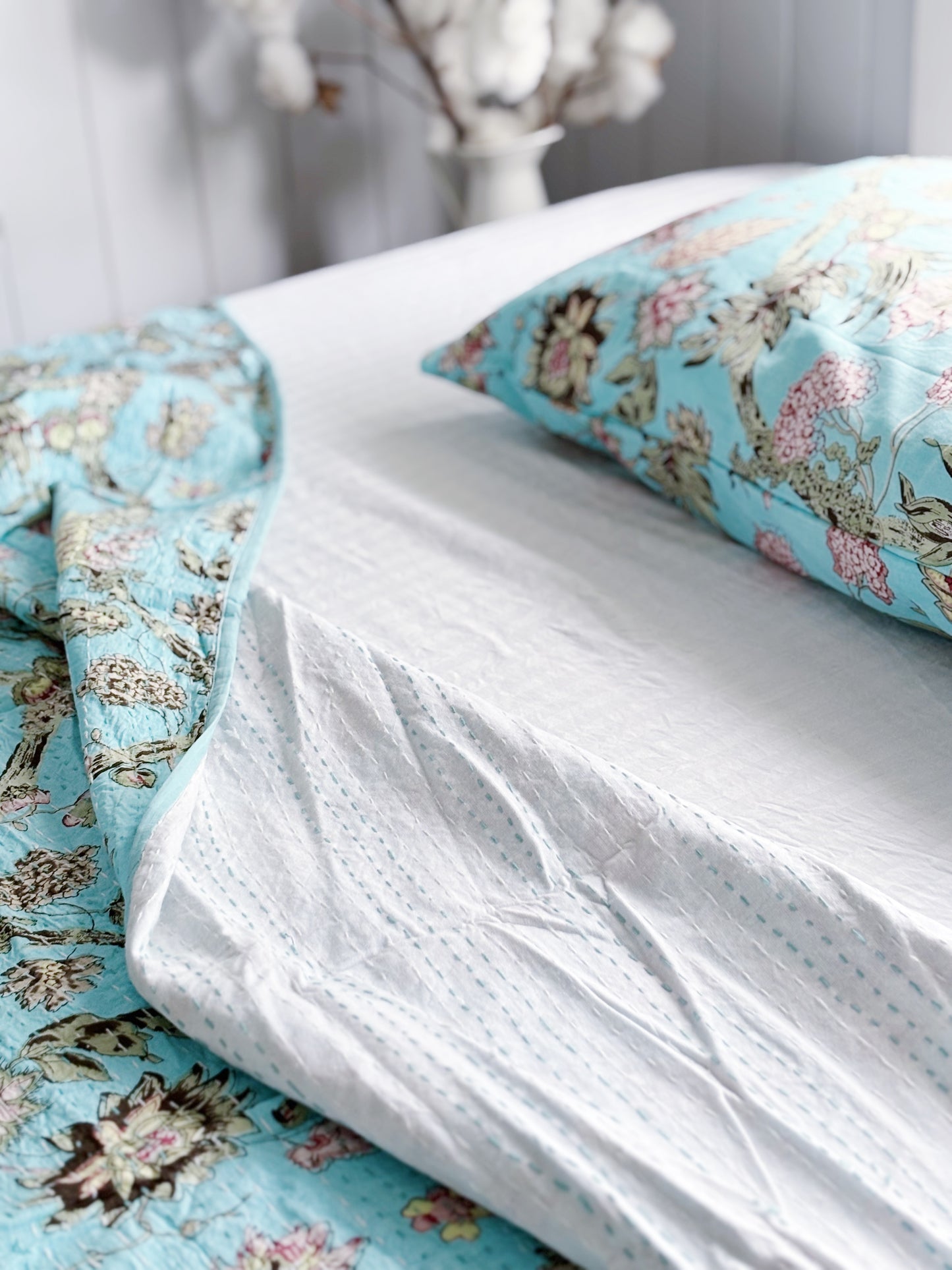 Aqua Blue Jardin Floral Kantha Quilt