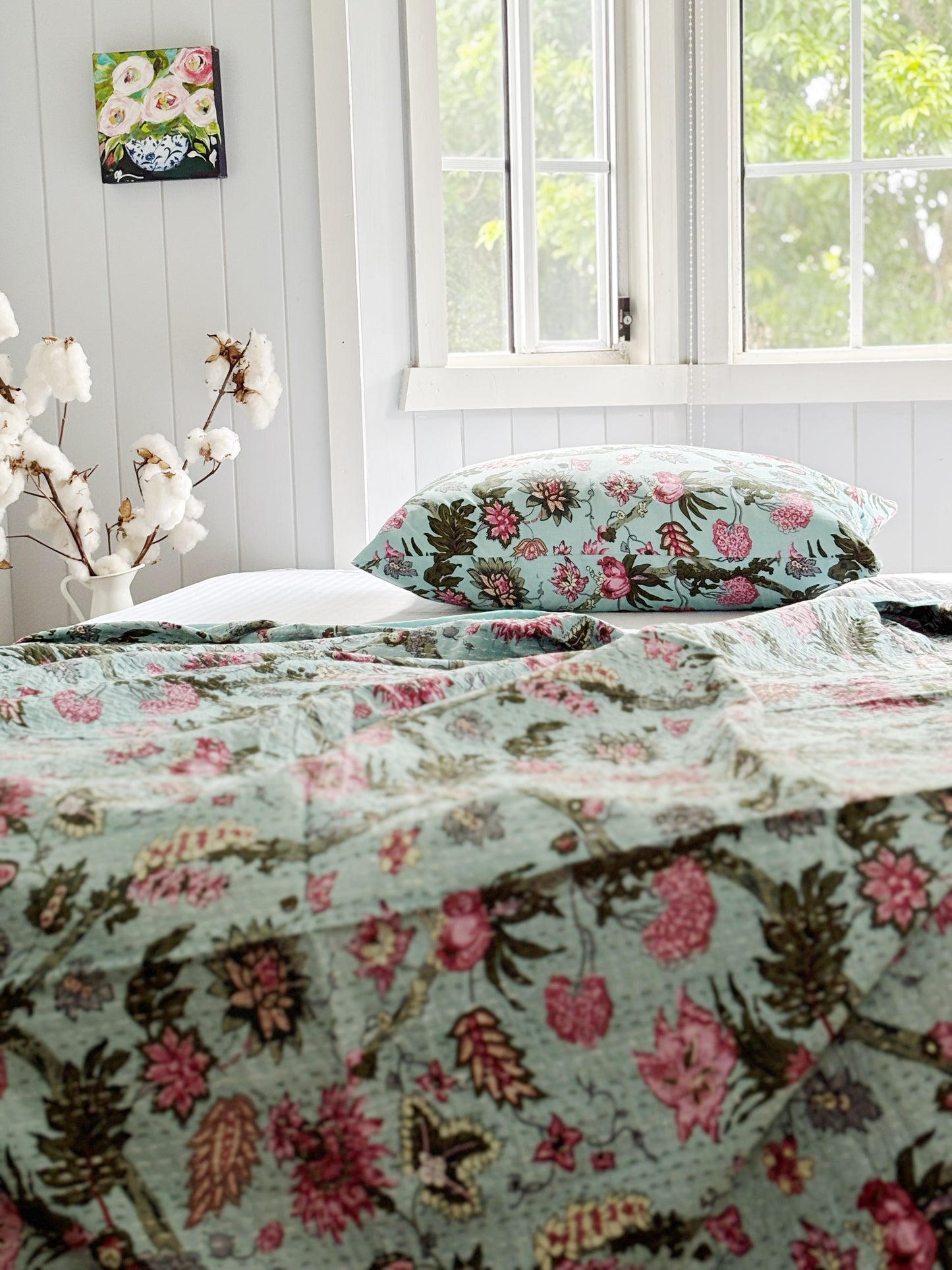 Mint Green Jardin Floral Kantha Quilt