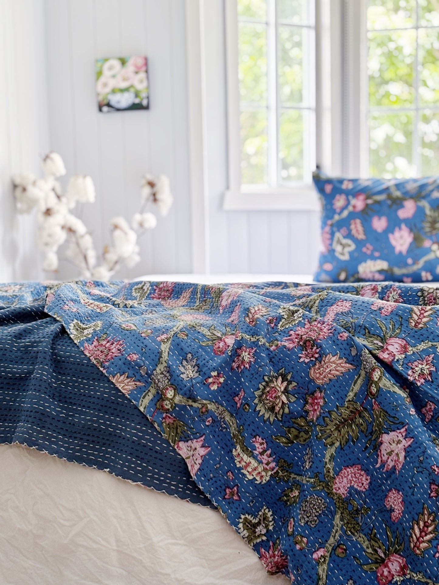 Hydrangea Blue Jardin Floral Kantha Quilt
