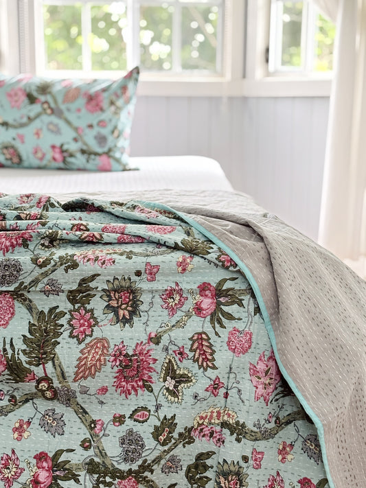 Mint green Jardin Kantha Quilt-Single size
