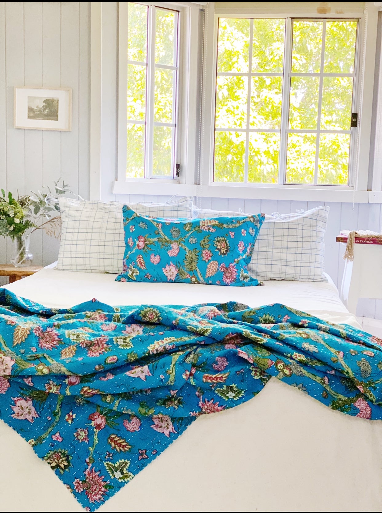 Blue Wildflowers Jardin Kantha Quilt