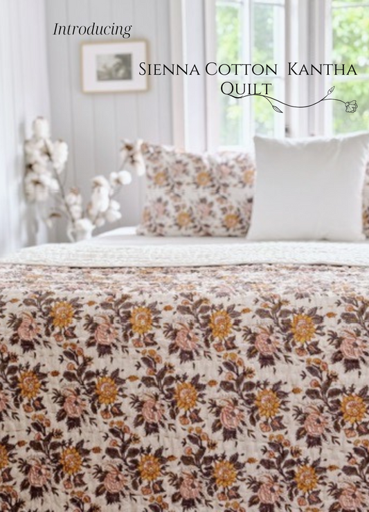 Sienna Cotton Filled Kantha Quilt ~ Hand-Printed & Hand-Stitched