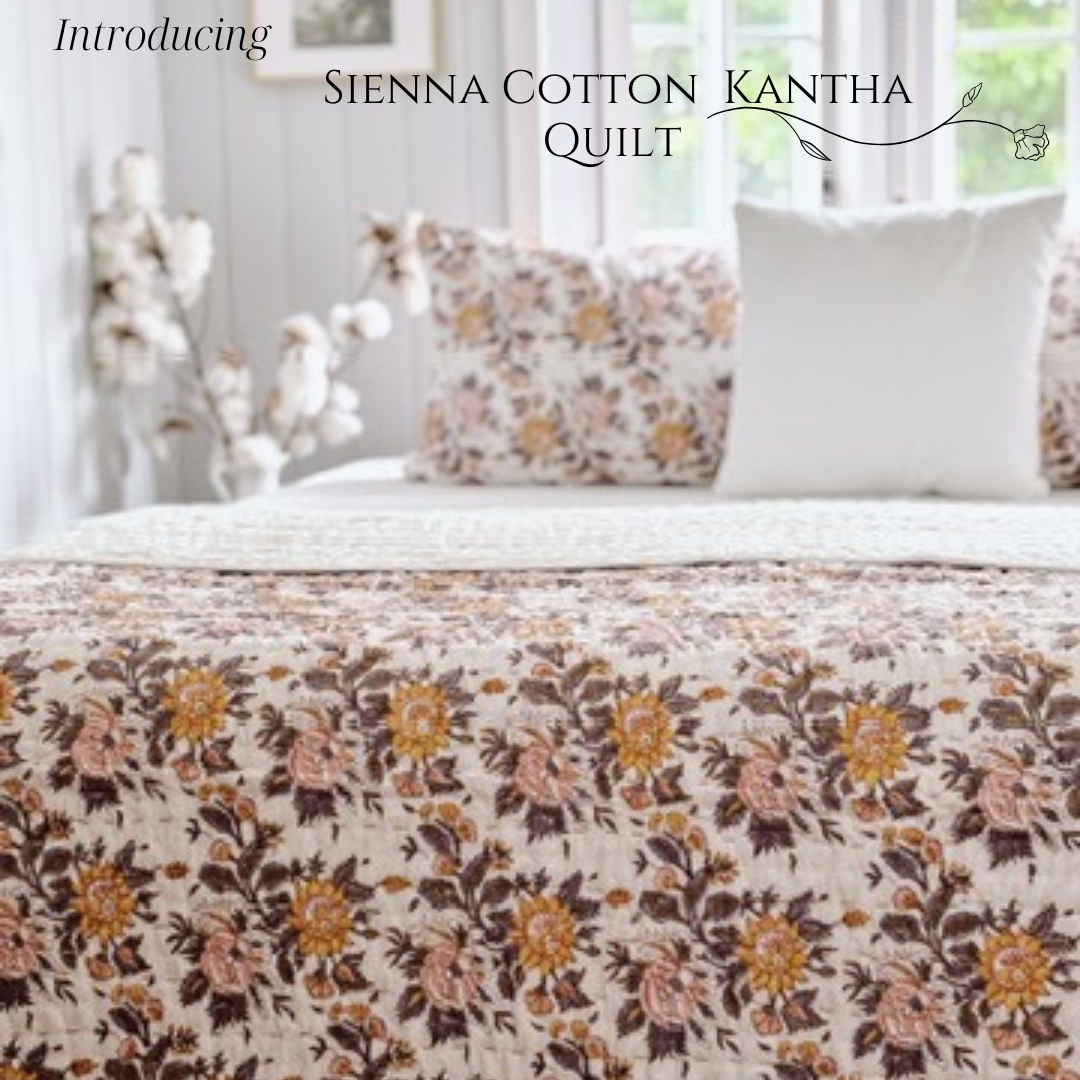Sienna Cotton Filled Kantha Quilt ~ Hand-Printed & Hand-Stitched